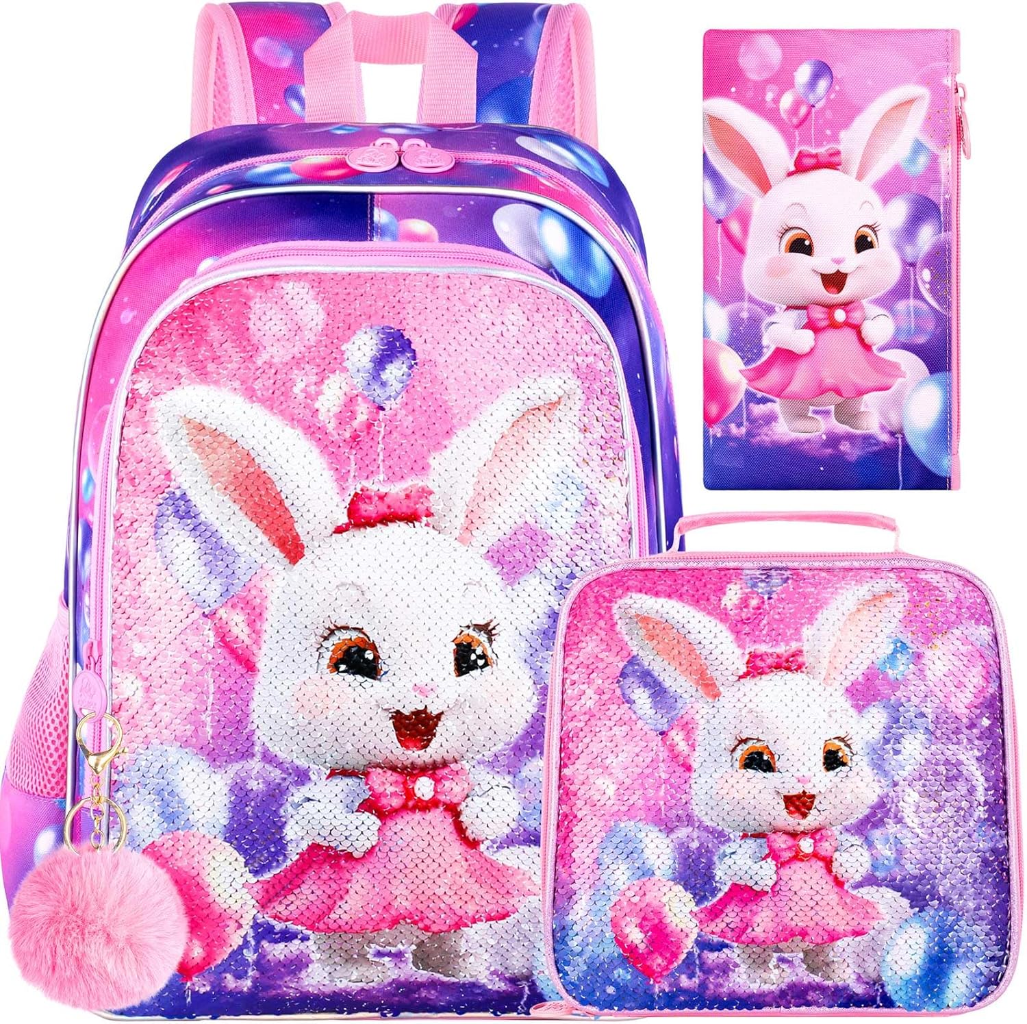 16" Bunny Backpack, 3Pcs Girls Sequin Bookbag for Elementary Preschool Kindergarten, Kids School