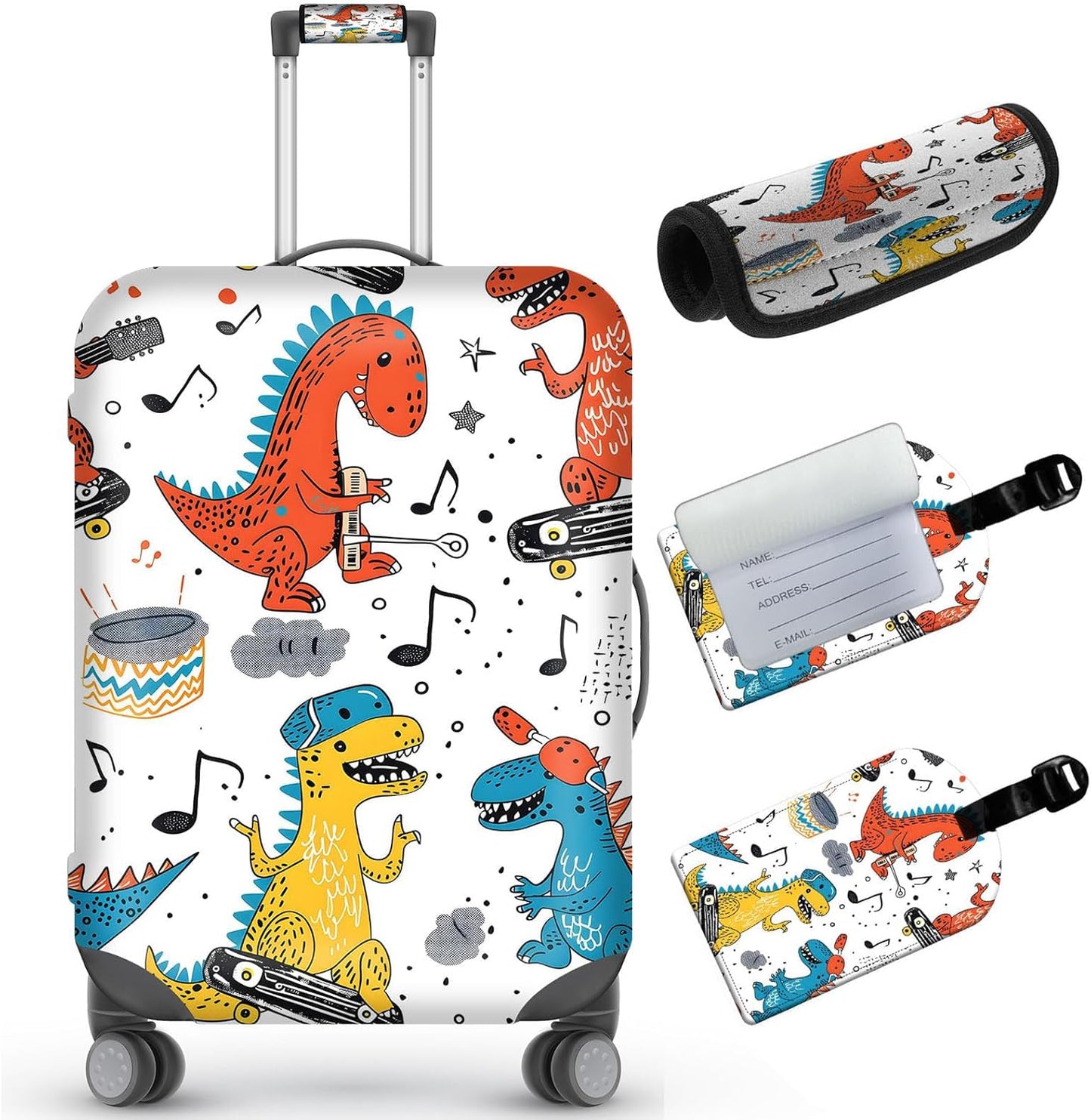 Travel Luggage Cover,Cartoon Colorful DinosaurTheme Suitcase Cover Accessory Kit, Luggage Tag, and Comfortable Luggage Handle Wrap, Washable Luggage Suitcase Protector (25-28 inch,L)