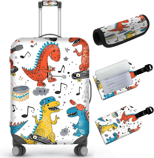 Travel Luggage Cover,Cartoon Colorful DinosaurTheme Suitcase Cover Accessory Kit, Luggage Tag, and Comfortable Luggage Handle Wrap, Washable Luggage Suitcase Protector (22-24 inch,M)