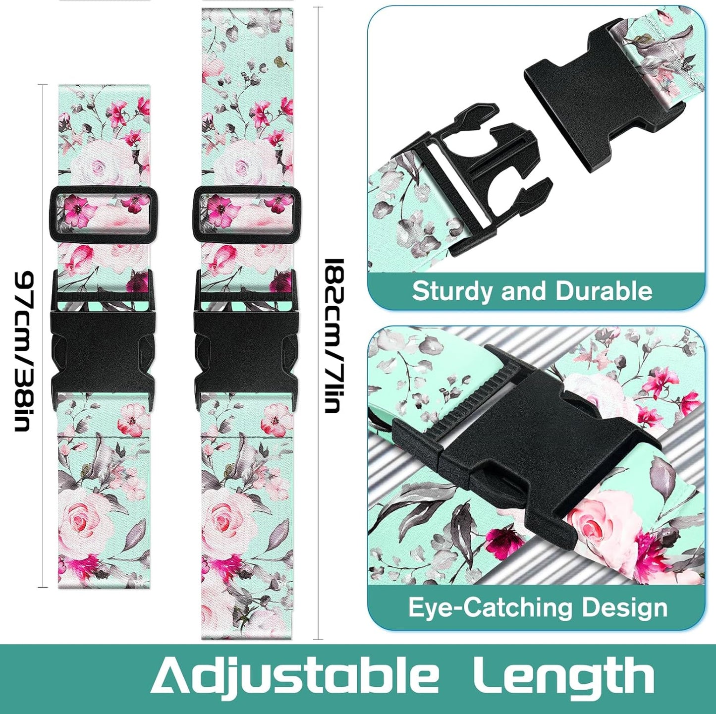 Slohif Luggage Straps for Suitcases Travel Belt Accessories Luggage Connector Identifiers Over Handle with Buckle Unique Nylon Adjustable Strap for Sleeping Bag Car Seat Green Flower (2 Pack)