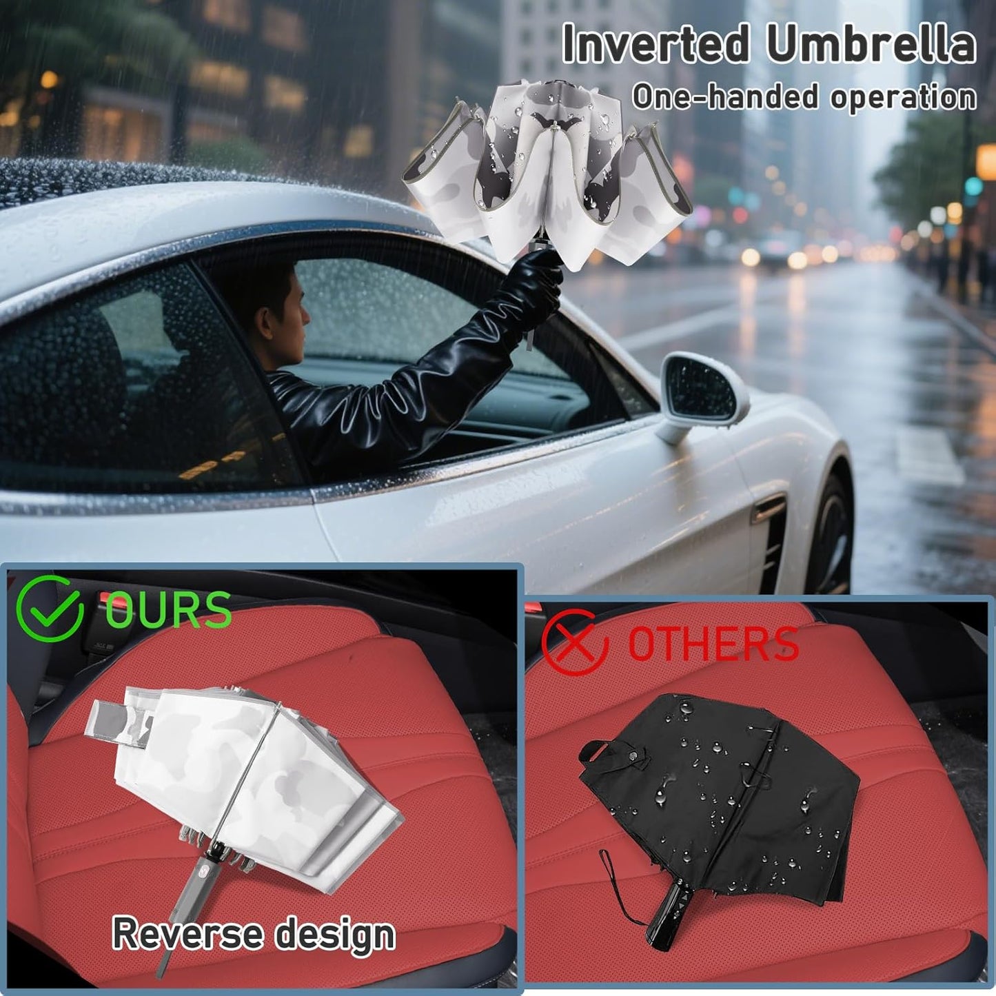 Large Windproof Travel Umbrella, Portable Reverse Folding Rain Umbrella for Car,Women and Men, Durable, Compact Inverted Design with Camouflage Canopy, Fits Backpack, 41.5/13 Inch, Automatic