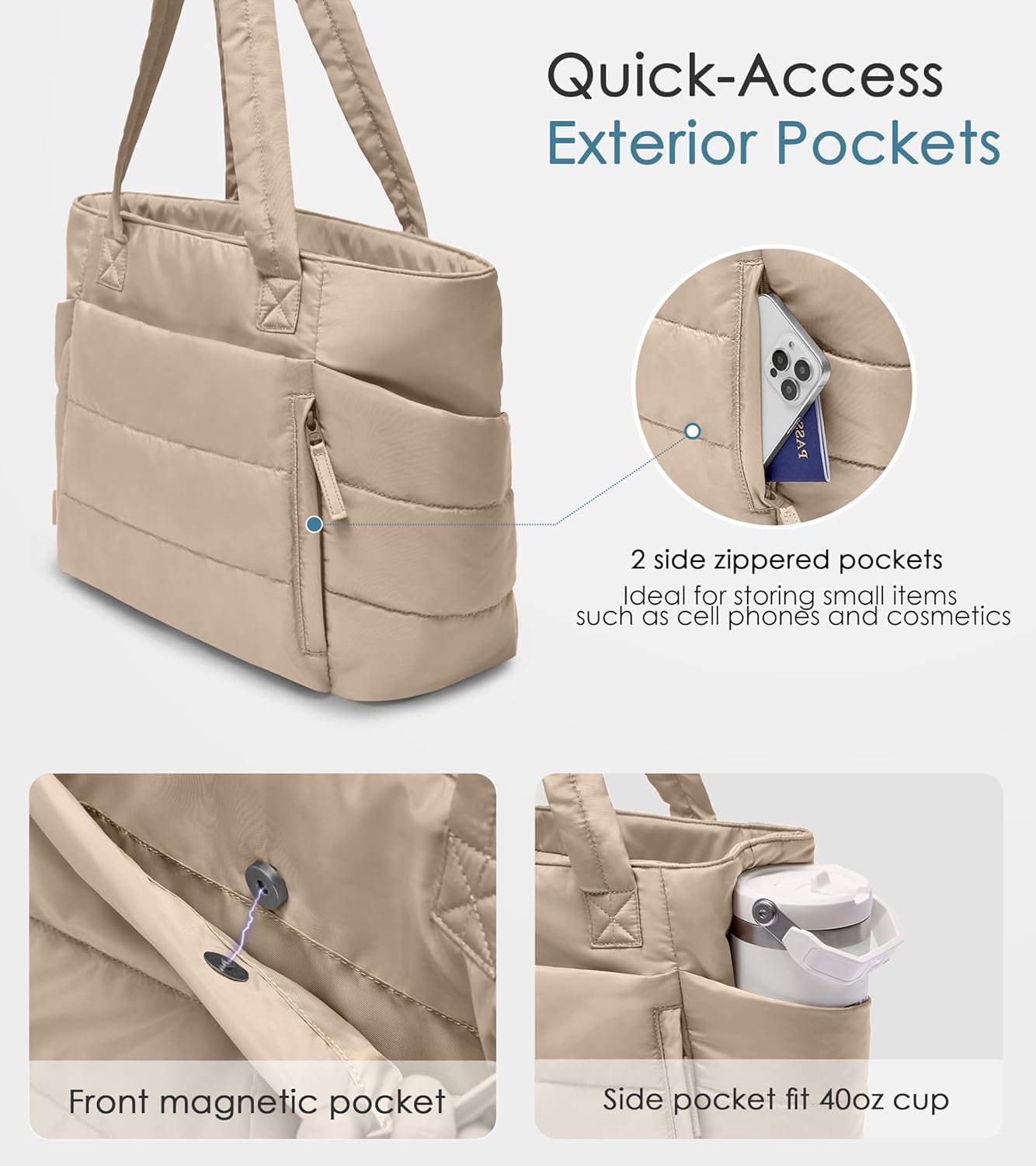 Tote Bag for Women with Zipper, Quilted Puffer Tote Bag with Compartments, Lightweight Puffy Work Bags for Women Travel