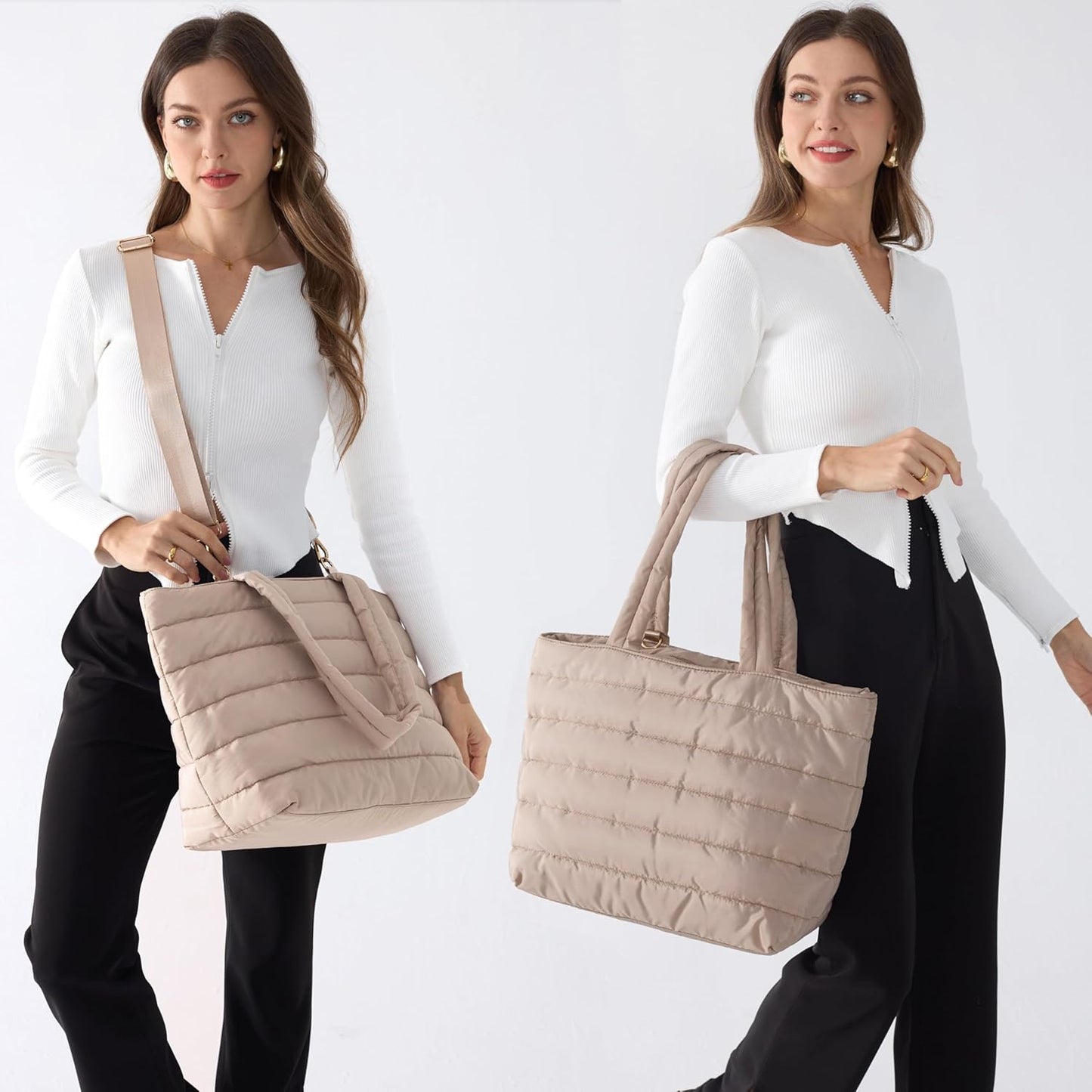 HOXIS Puffer Tote for Women Quilted Shoulder Handbag Lightweight Weekender Bag Purse for Work Travel Gym Shop