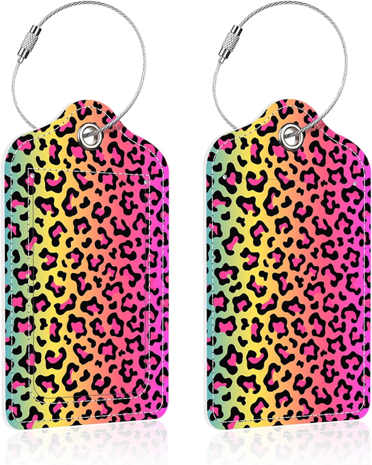 Luggage Tags for Suitcase,2 Pack Rainbow Leopard Print Luggage Tag,PU Leather Id Label Luggage Tags with Stainless Steel Loop and Privacy Cover for Women Men Teens Travel
