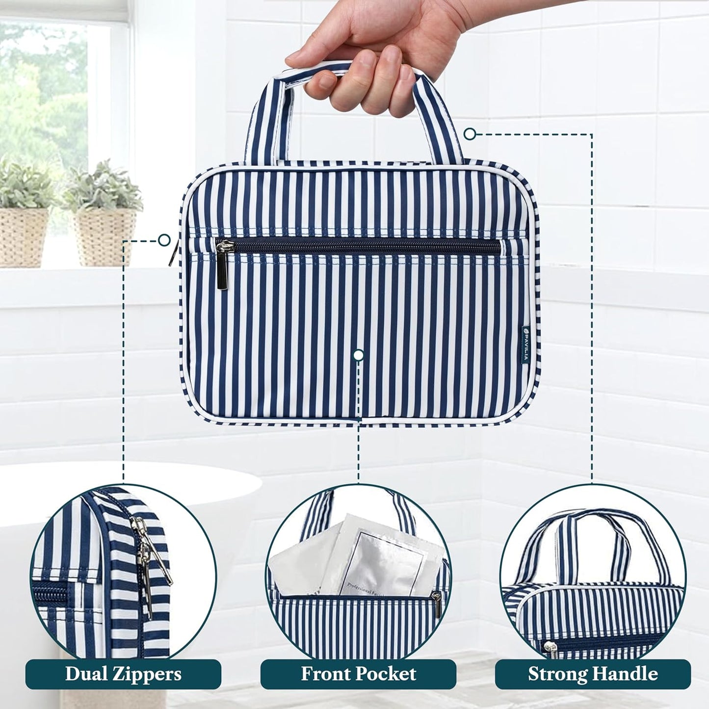 PAVILIA Hanging Toiletry Bag Travel Bag Women Men, Foldable Cosmetic Organizer, Roll up Makeup Bag, Water Resistant Accessories Toiletries, Large Travel Essentials Kit (Navy Polka Dot)
