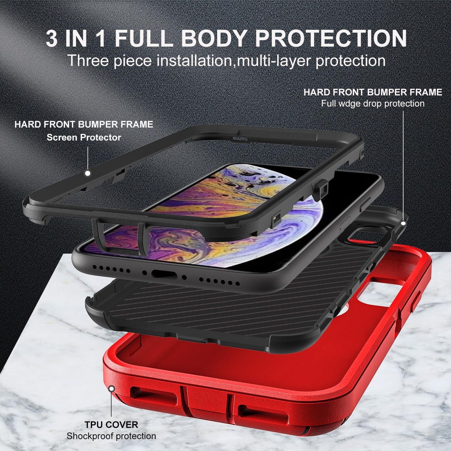 for iPhone Xs Max Case, Military Grade 3 in 1 Heavy Duty Shockproof/Drop Proof/Dust Proof Case with 2Pcs Tempered Glass Screen Protector (Red/Black)