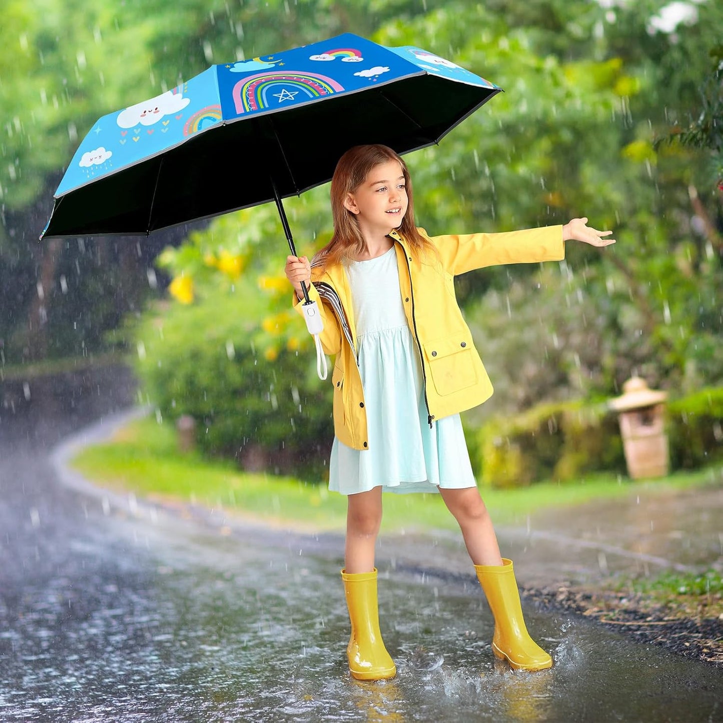 Autoamtic Kids Umbrella UV Resistant, Folding Compact Umbrella 360° Reflective Strip for Travel Outdoor, Lightweight Cute Kids Parasol Anti-rebound Safe for Toddler