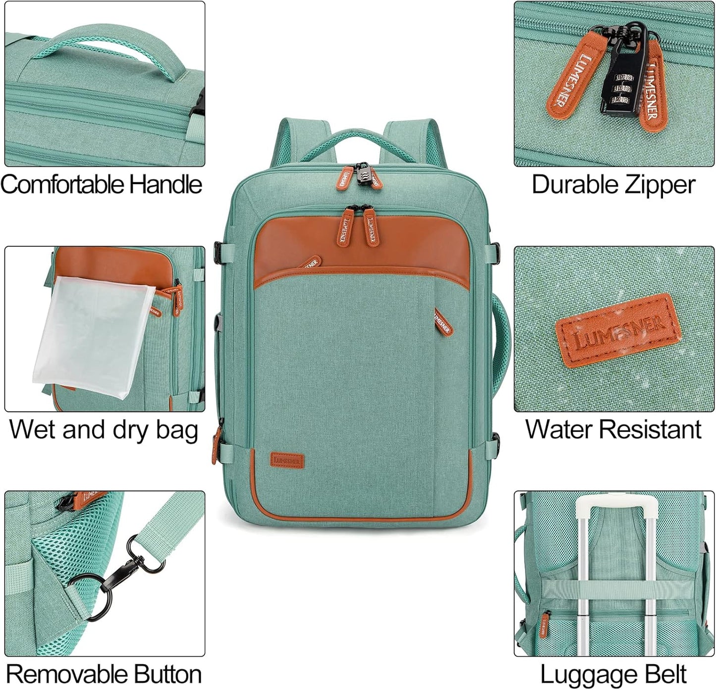 Lumesner Carry on Travel Backpacks, Extra Large 40L Flight Approved for Men & Women,Expandable Suitcase backpack (Green (Backpack With 4 Packing Cubes))