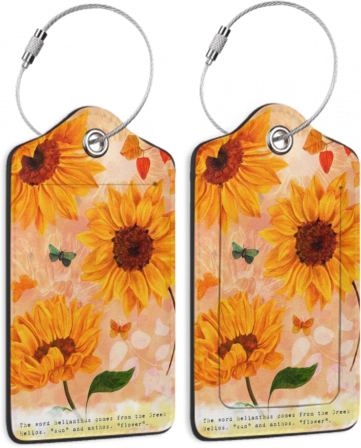 Sunflowers Luggage Tags Set of 2 Butterfly Retro Leather Suitcase Tags with Stainless Steel Loop