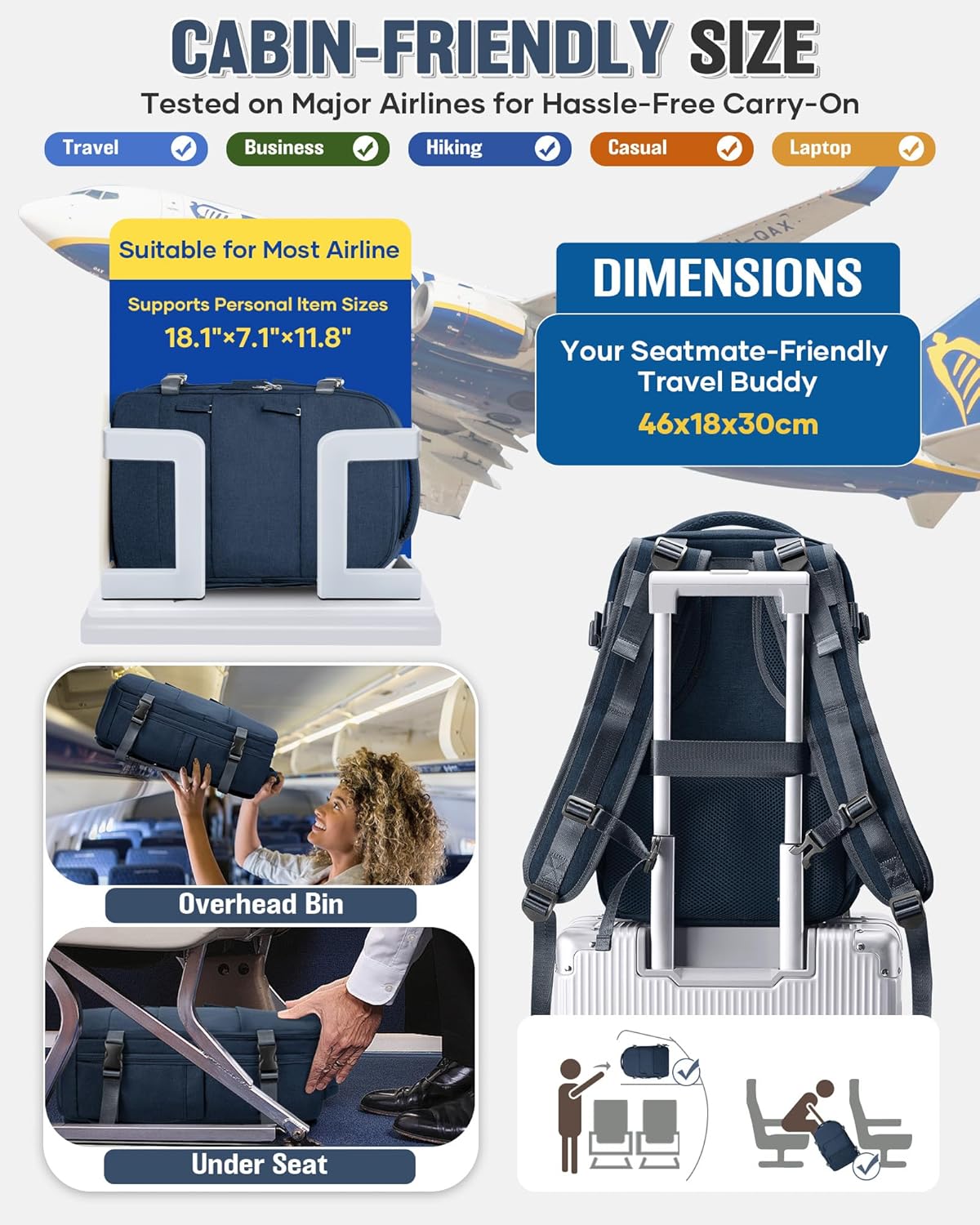 Vacuum Backpack Travel with Pump,Travel Backpack with Vacuum System, Shoe Compartment,Flight Approved 18x14x8 inches,Carry on Personal item Laptop Work Backpacks,Sapphire Blue
