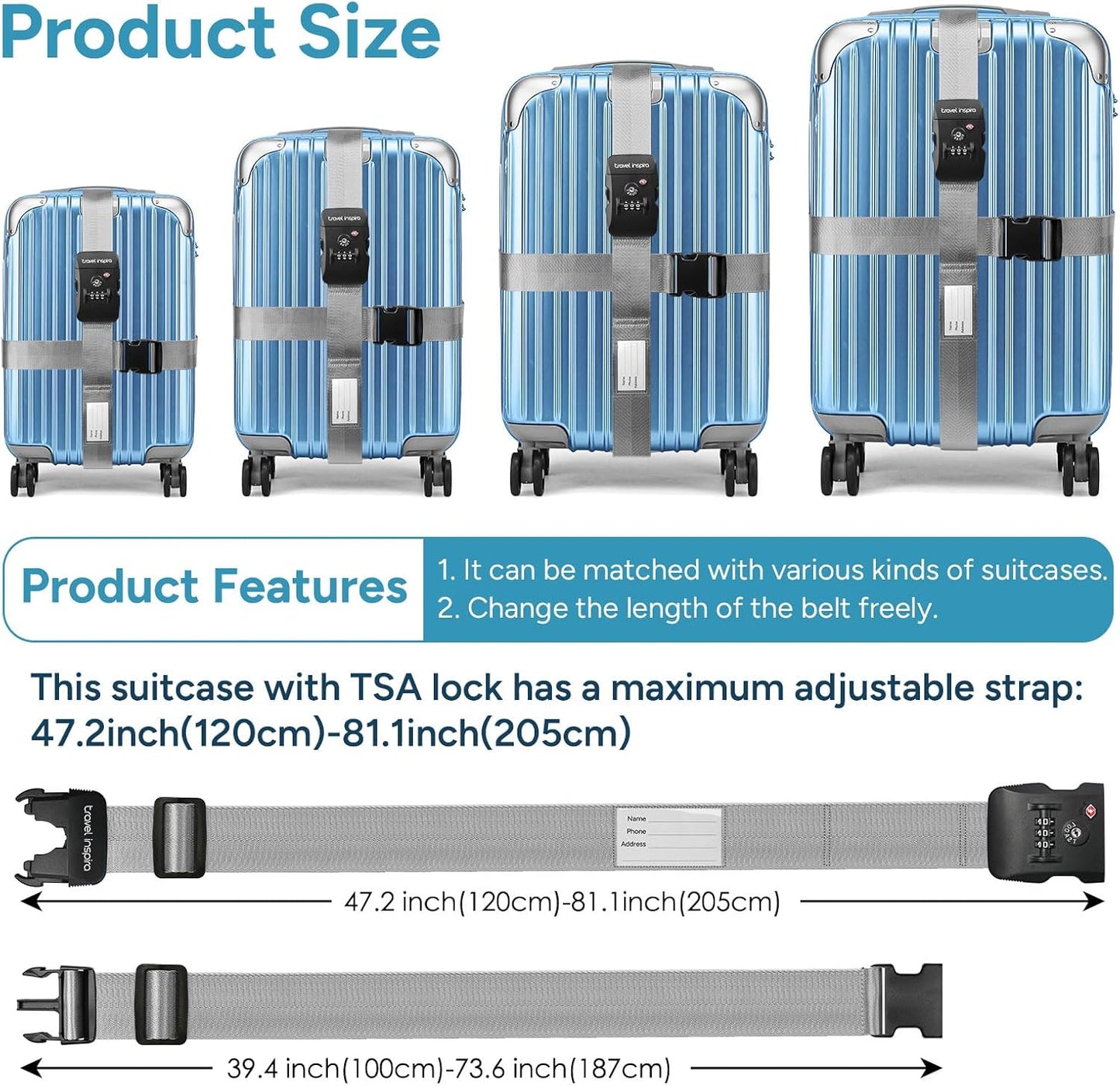 Travel Inspira Travel Belt for Luggage, TSA Approved Luggage Straps, 3-Dial Combination Locks Adjustable Suitcase Belt, Quick-Release Buckle (Grey)
