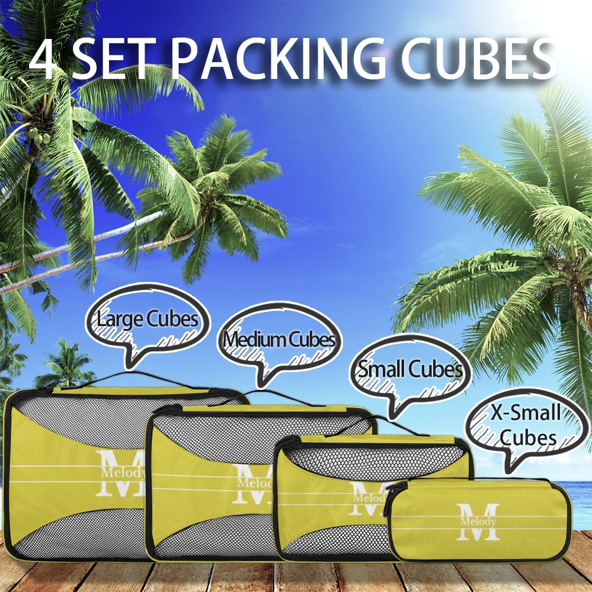 Personalized 4 Set Packing Cubes Luggage Packing Organizers Travel Accessories for Women Girls Men, Lemon Yellow Initial Letter