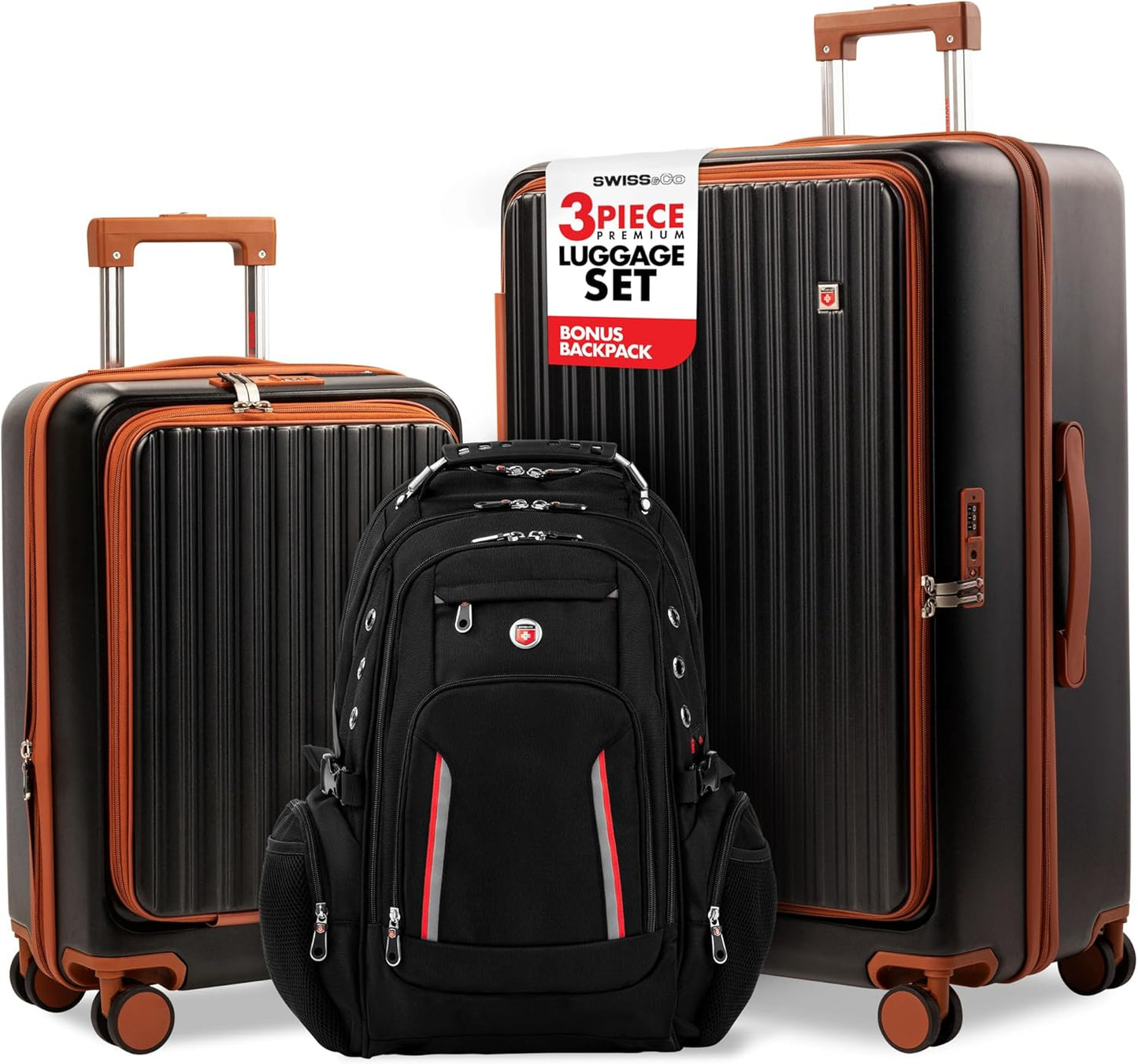 SWISS&CO 3-Piece Premium Luggage Set – Hardshell Spinner Suitcases with TSA Lock, Front-Open Design, Durable Travel Backpack – Spacious, Multi-Compartment Design– 28" Checked, 20" Carry-On–Sleek Black
