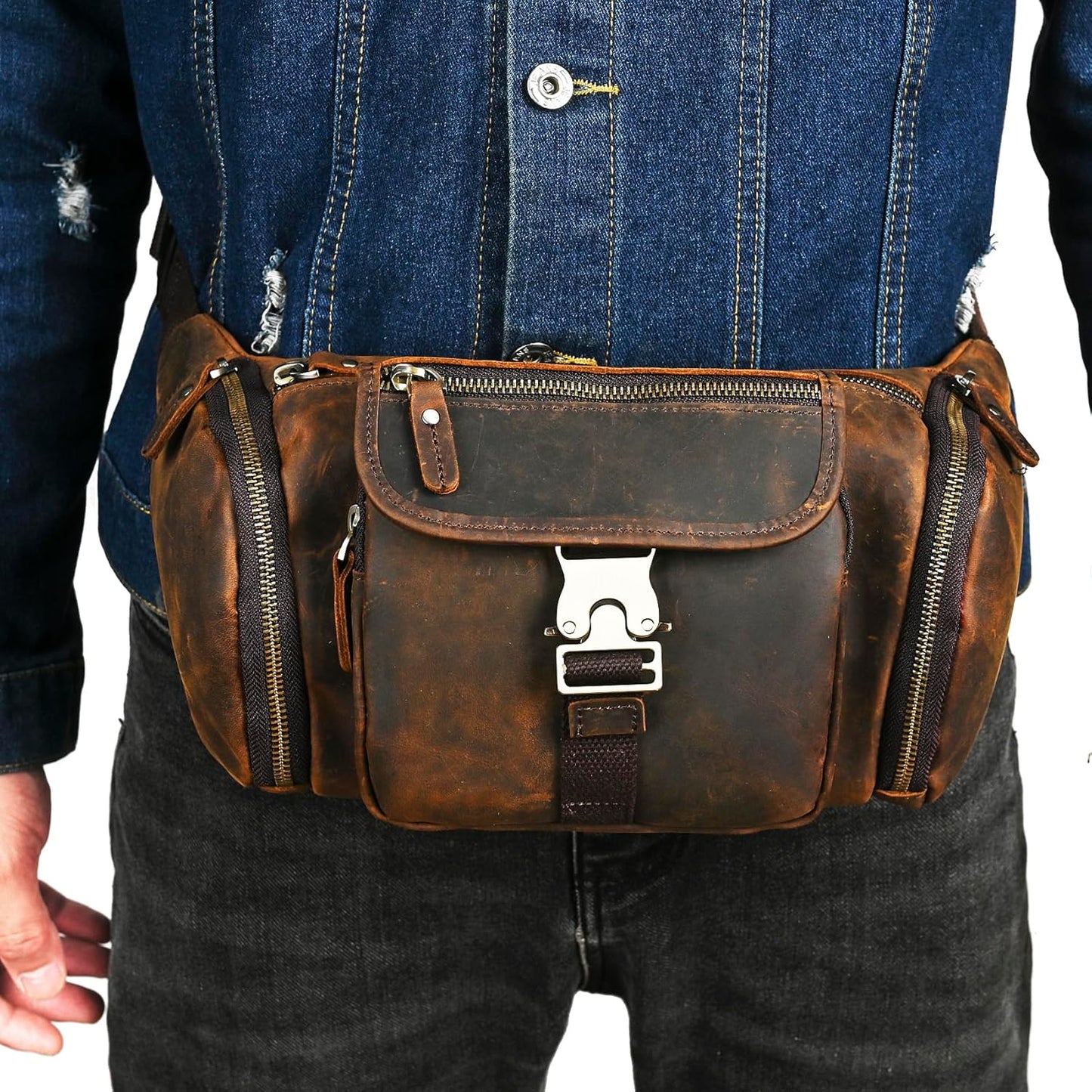 Thick Crazy Horse Leather Hiking Riding Travel Outdoor Belt Bag Fanny Waist Pack Small Phone Pouch For Men Women 380 (388 Brown)