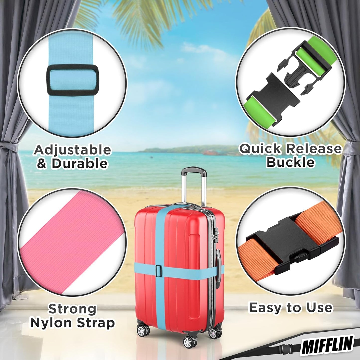 Luggage Straps - Mixed Color, 78" Long, 2 Inches Wide, 4 Pack - Adjustable Nylon Belt for Travel Suitcases & Bags - by Mifflin-USA