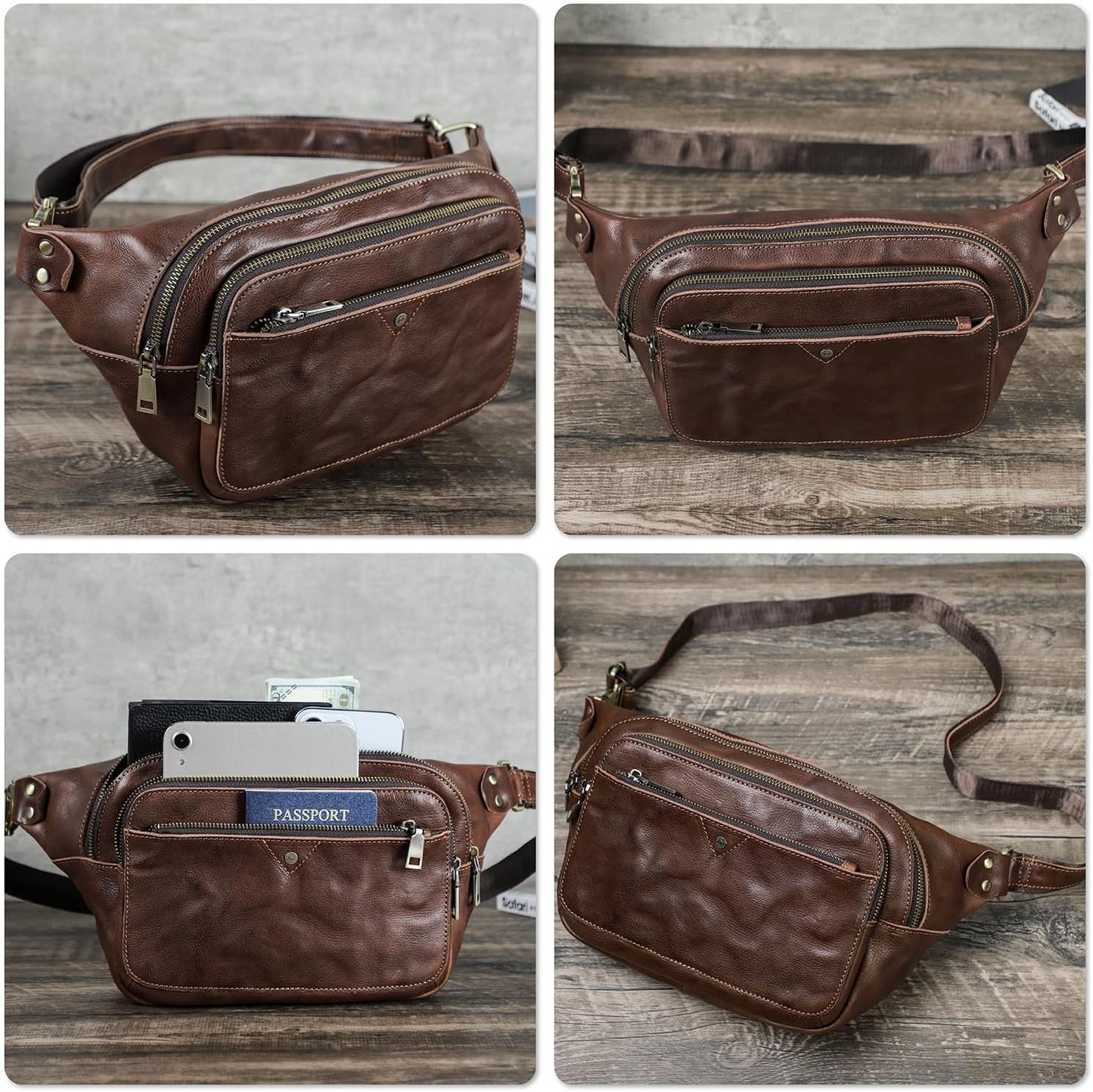 Top Grain Genuine Leather Slim Fanny Pack for Man & Woman, Vintage Design & 5 Pockets & Adjustable Strap, Fully Handmade, Large Capacity Waist Pack Crossbody Belt Bag for Travel or Ride, Red Coffee