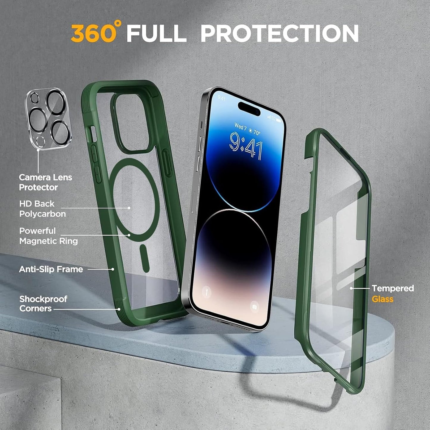 Miracase Magnetic for iPhone 14 Pro Max Case 6.7 inch, (Compatible with MagSafe) Upgrade Full-Body Clear Phone Bumper Case with Built-in 9H Tempered Glass Screen Protector, Magnetic Acacia Green