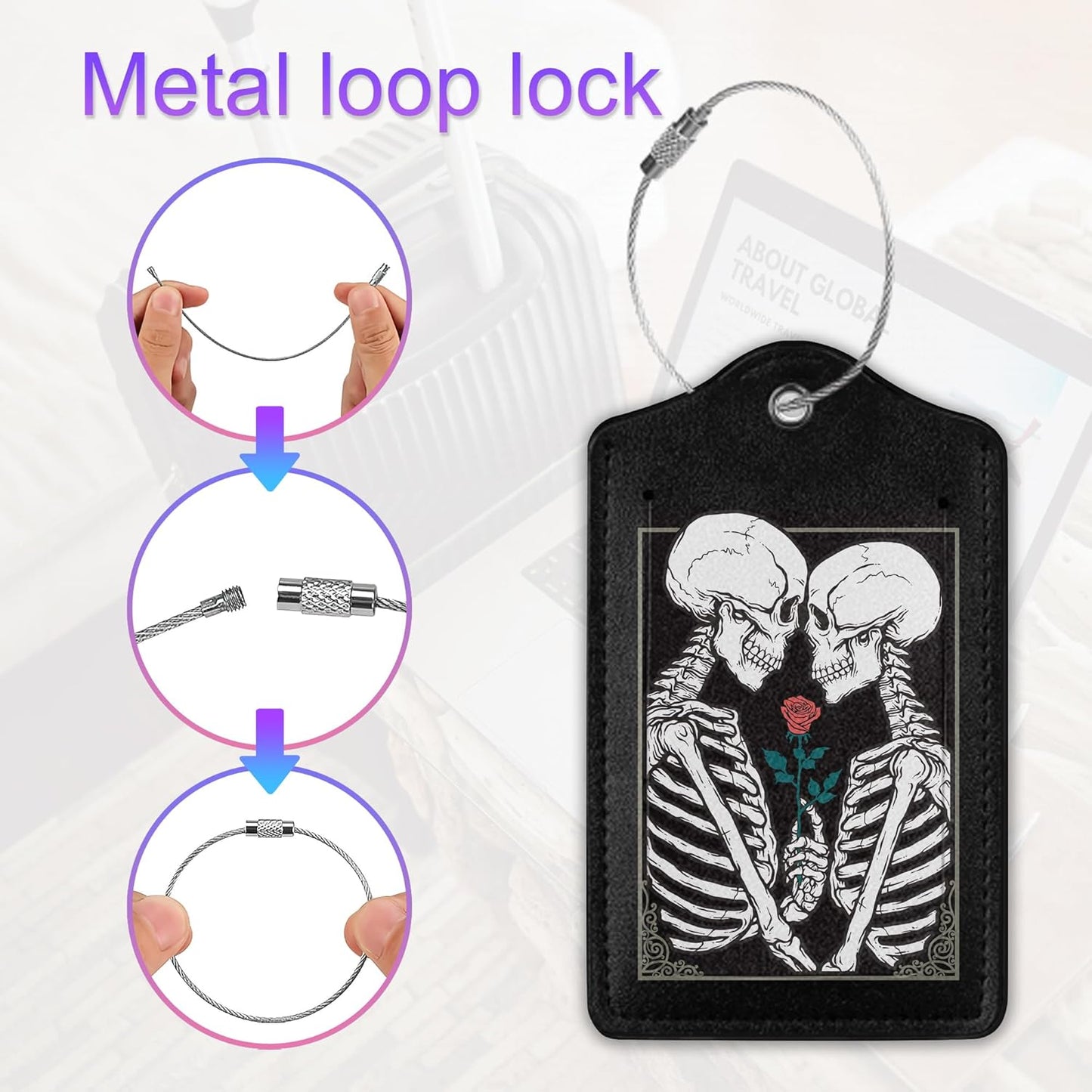 Luggage Tag for Suitcase,Gothic Skull Lovers Rose Unique Travel Tags with Privacy Cover ID Label & Stainless Steel Loop for Men Women