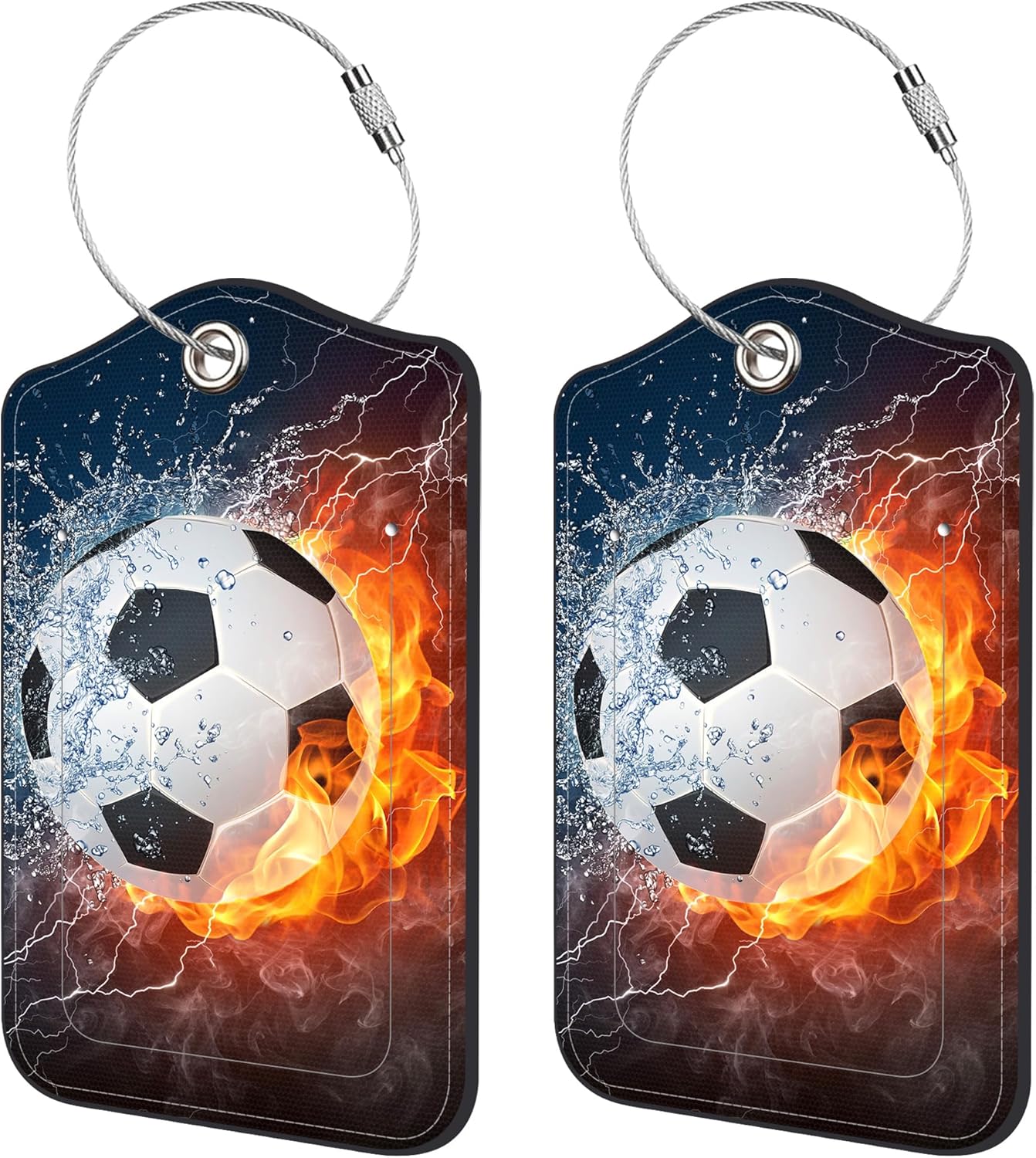 2 Pack Luggage Tags for Suitcase,Soccer in Fire and Water PU Leather Idea Baggage Tag with Name Labels Privacy Cover Metal Ring Men and Women Travel Cruise Labels