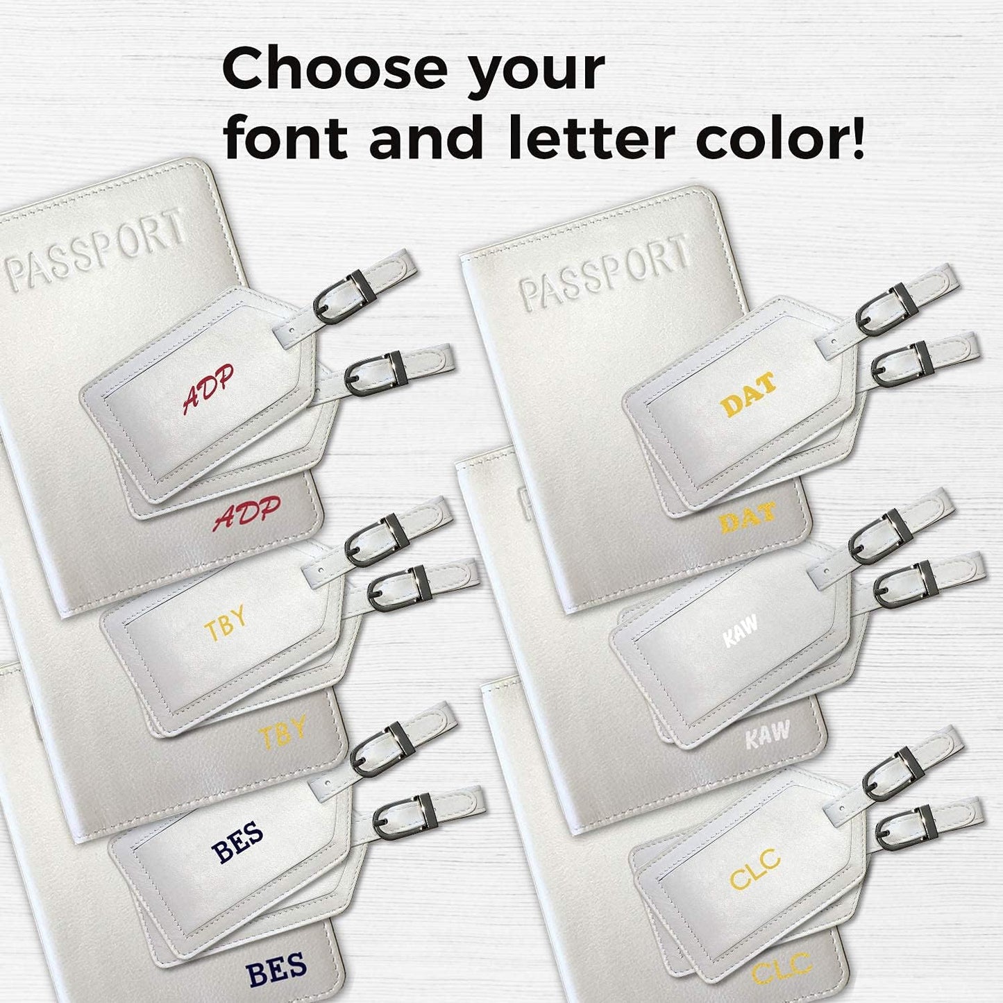 Personalized Monogrammed White Leather RFID Passport Cover Holder and 2 Luggage Tags