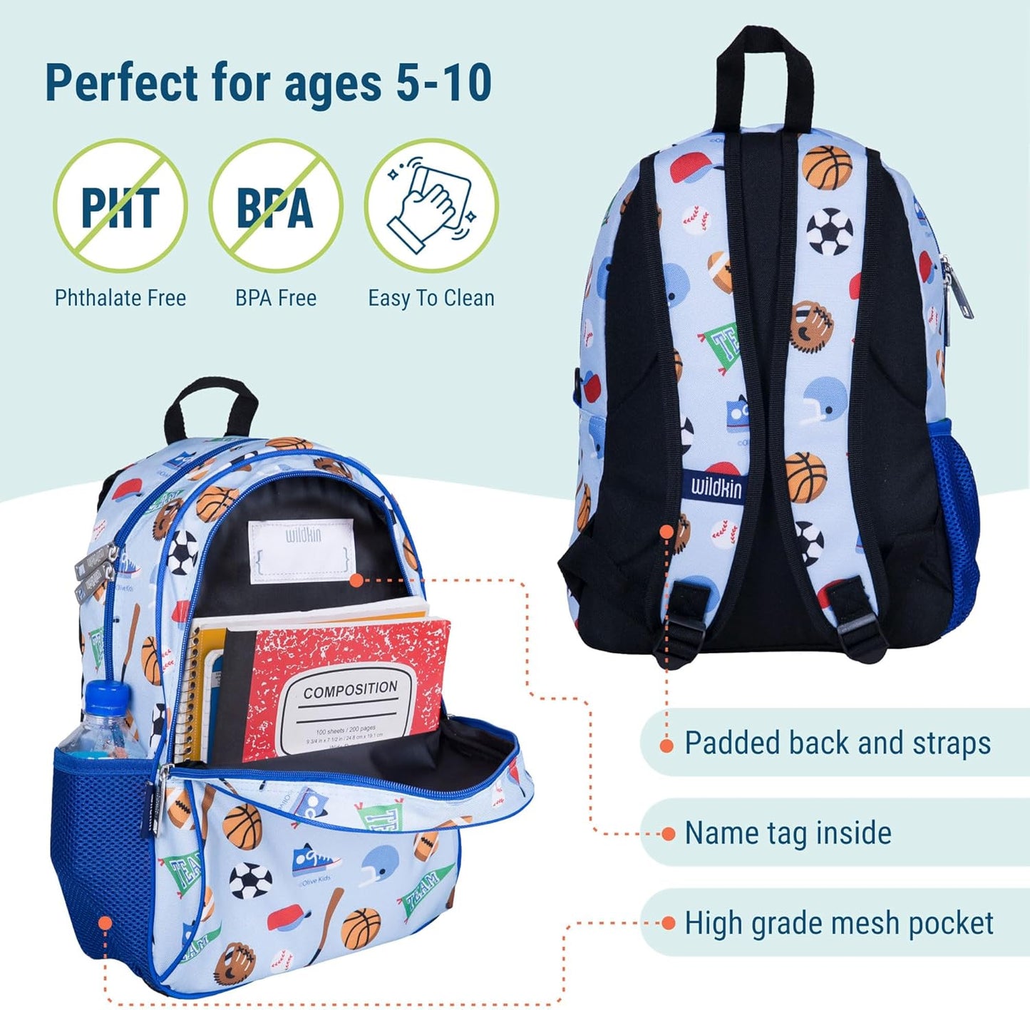 Wildkin 15-inch Kids Backpack – Durable, Padded, Adjustable for School & Travel - Game On
