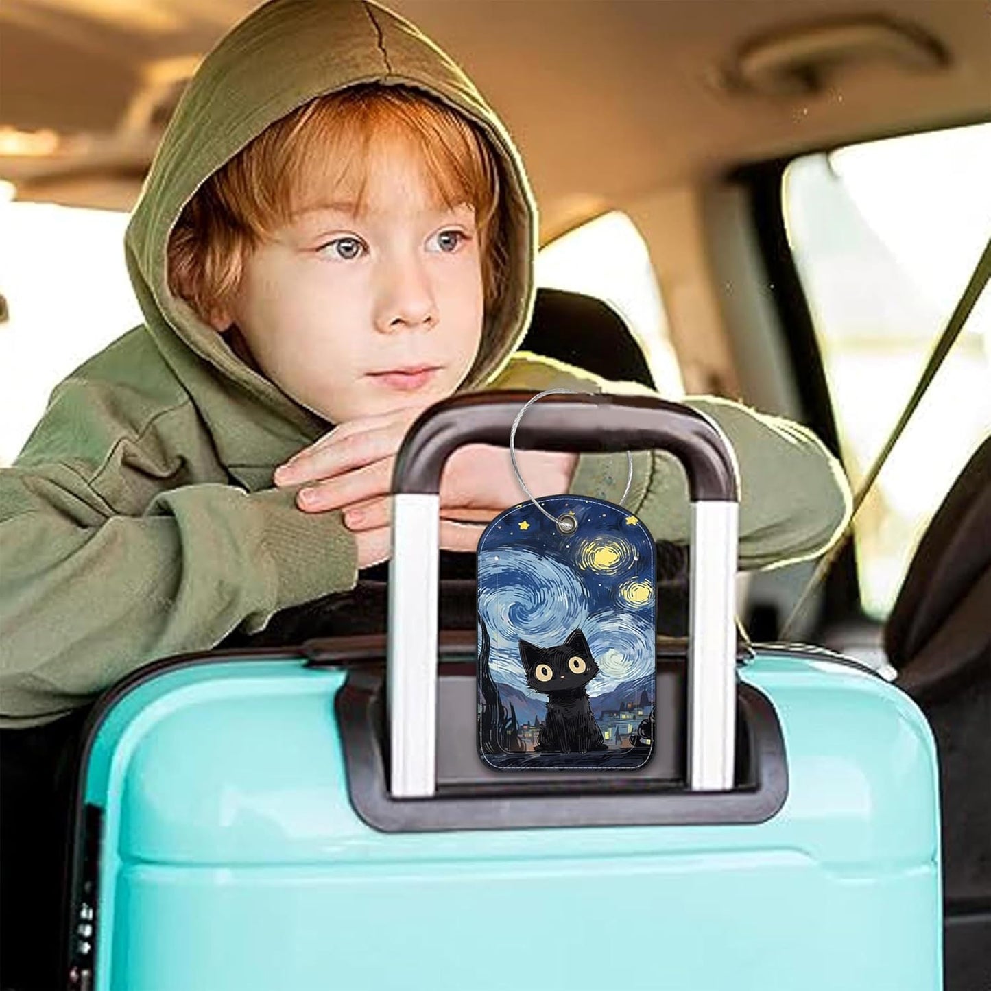 Black Cat Sky Leather Luggage Tag for Suitcase 2 Pack Luggage Tag with Privacy Name ID Label and Stainless Steel Loop for Travel Bag Suitcase