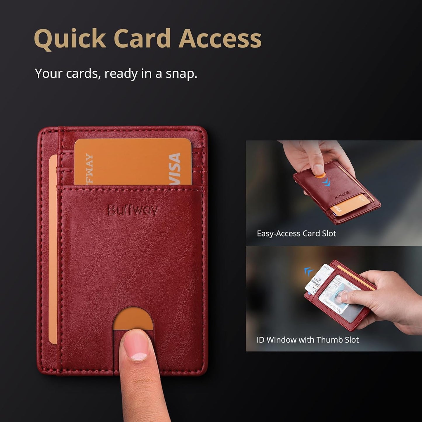 Buffway Slim Minimalist Front Pocket RFID Blocking Leather Wallets for Men and Women - Alaska Cherry