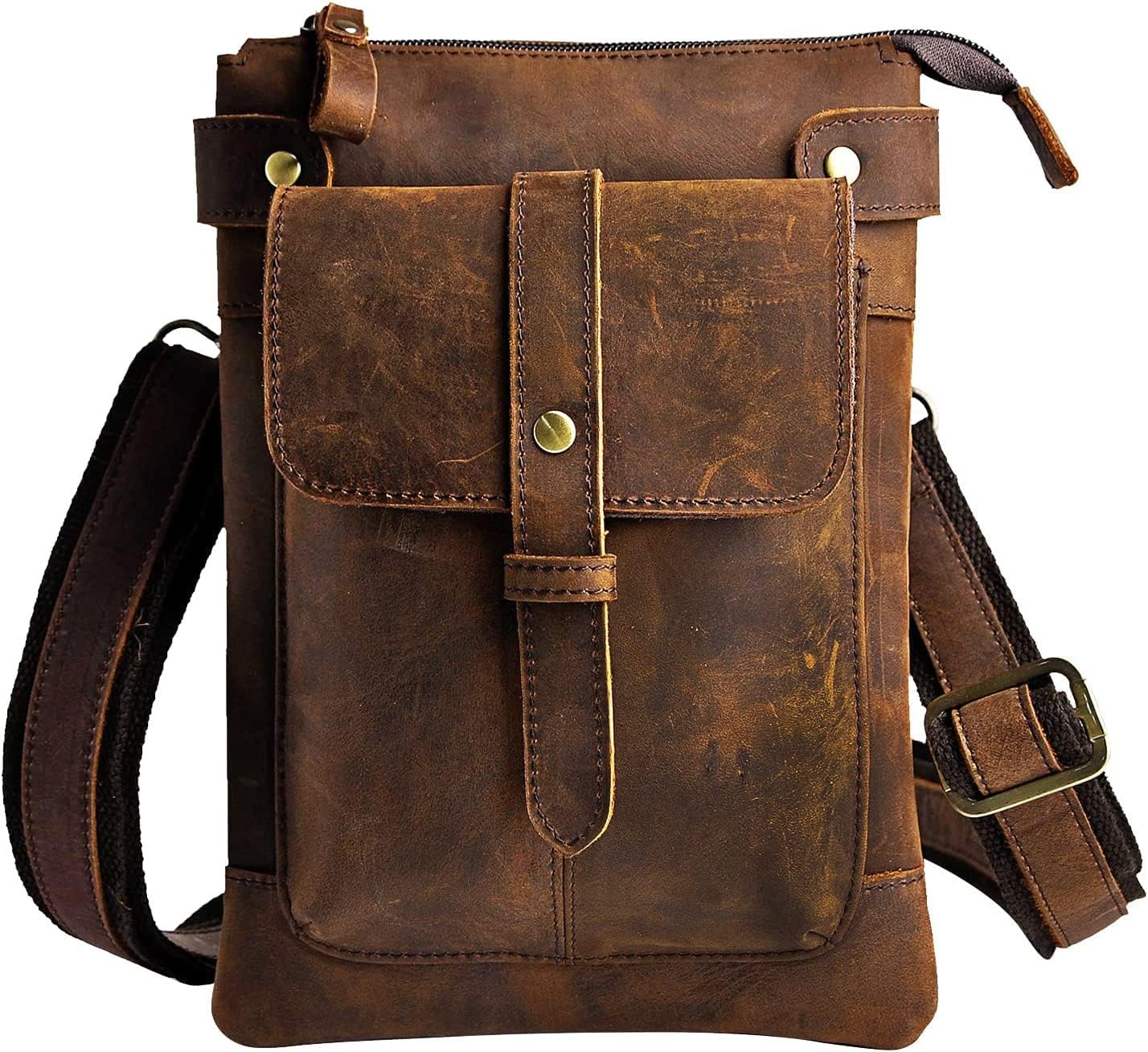 Men's Genuine Leather Small Messenger Shoulder Satchel - Adjustable Waist Bag
