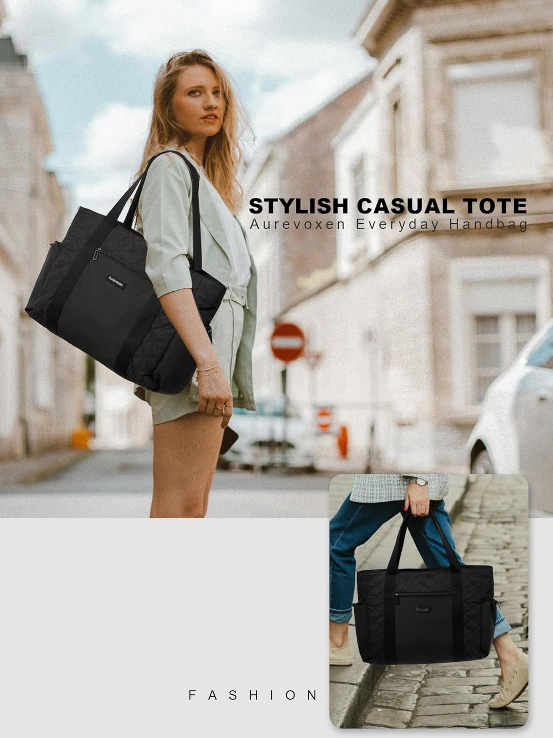 2 PCS Set Quilted Large Travel Tote for Women, Lightweight Tote Bag with 17’’ Laptop Compartment and Zipper Closure, Water-Resistant Puffer Bag for Travel, Office, Gym