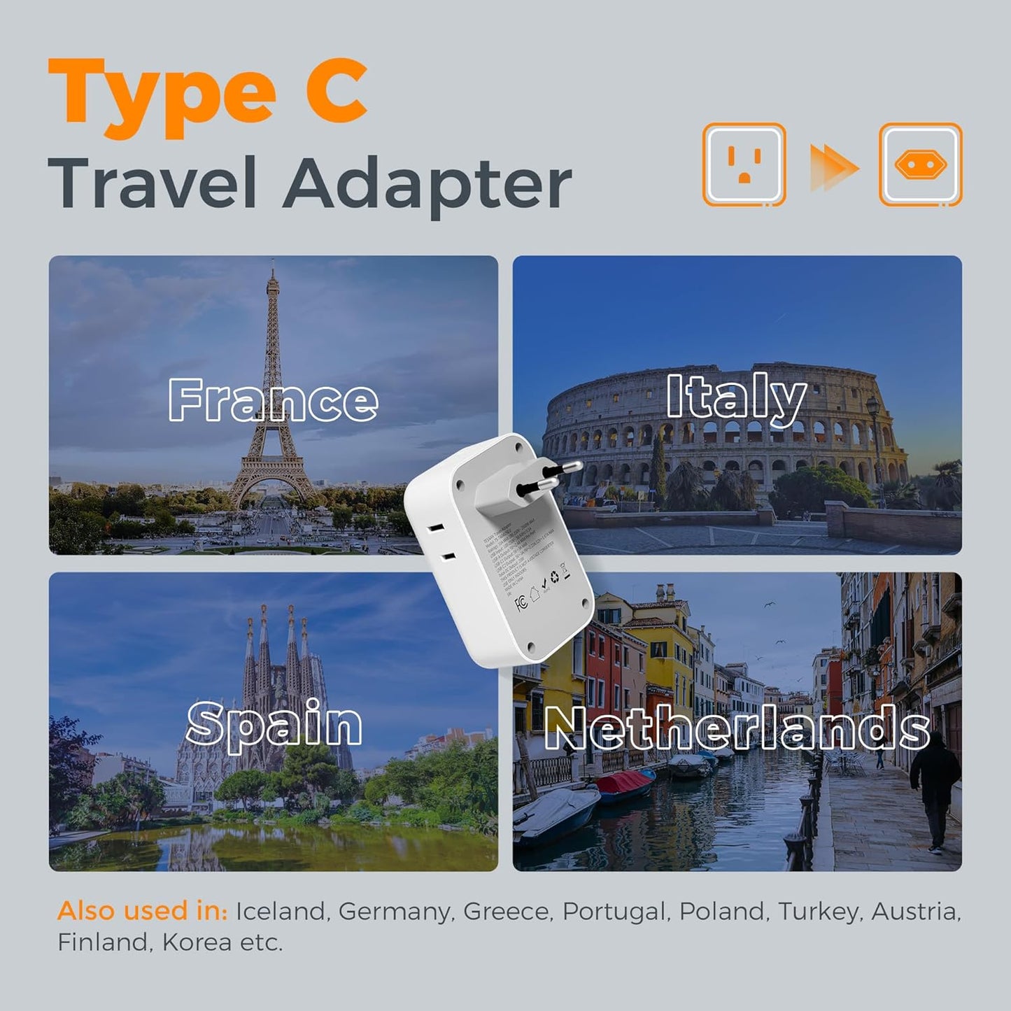 TESSAN European Travel Plug Adapter 2 Pack, PD 20W Adapter for Europe Plug with 4 AC Outlets 4 USB (2 USB C), Type C Adaptor for US to Europe, Italy, Spain, France, Portugal, Greece, Iceland, Germany