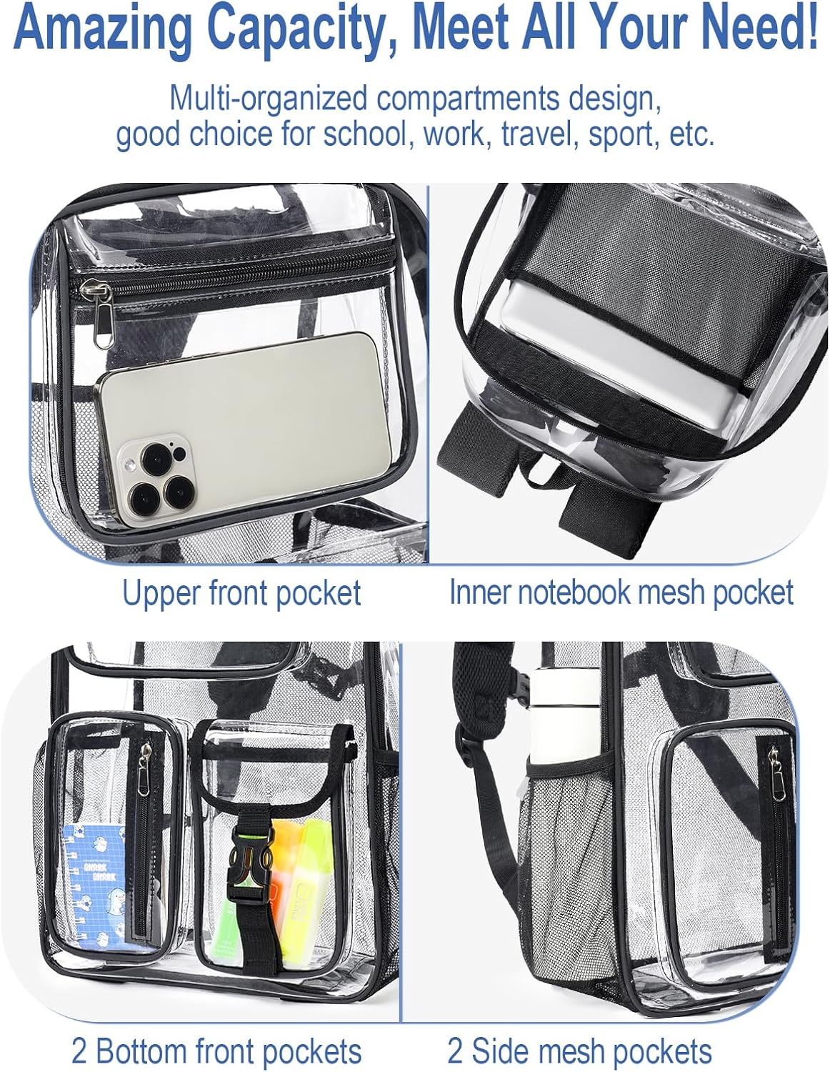 Heavy Duty Clear Backpack For School, 17 Inch Clear Bookbag For Kids Boys Girls Women Men, Large
