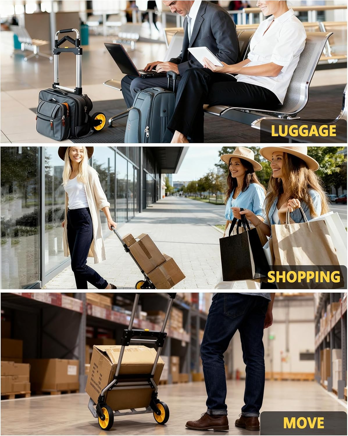 Folding Hand Truck Dolly Cart with Wheels 330 LBS Capacity Lightweight Aluminum Luggage Cart Trolly Collapsible Hand Trucks for Moving Travel Shopping Office and Home Use