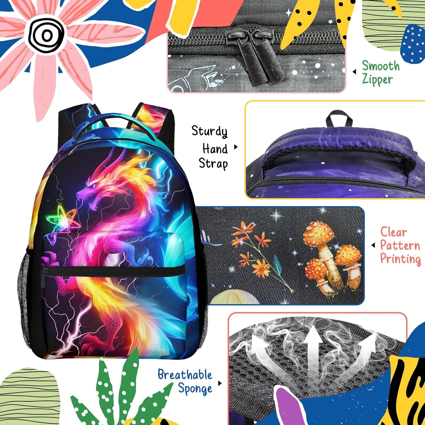 Colorful Dragon Kids Backpack For Boys Girls Elementary Schoolbag Kindergarten Bookbags Preschool Toddler Book Bags Travel Bag Computer Bag Hiking Camping Rucksack Daypack For Back To School Gifts