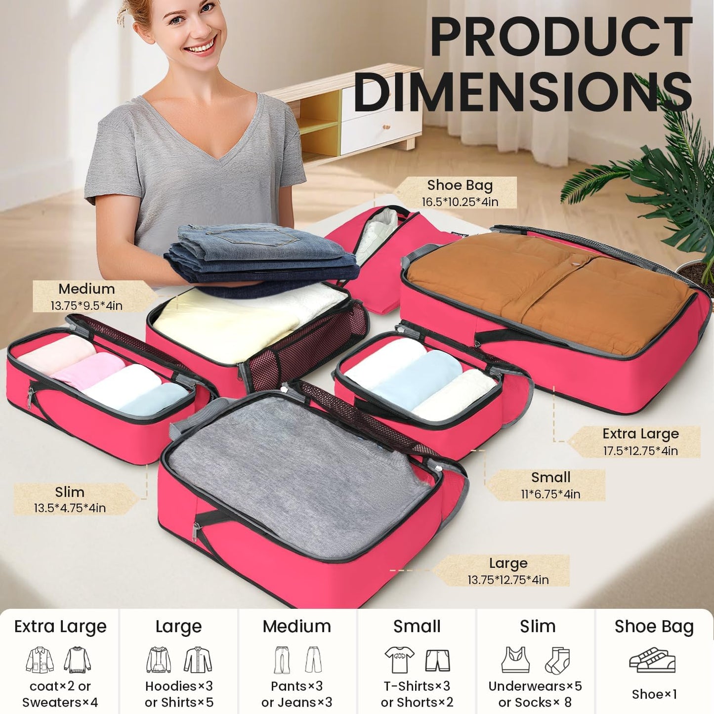 BAGAIL 4 Set/6 Set/8 Set Compression Packing Cubes Travel Accessories Expandable Packing Organizers (Half Mesh, 6-Fuchsia)