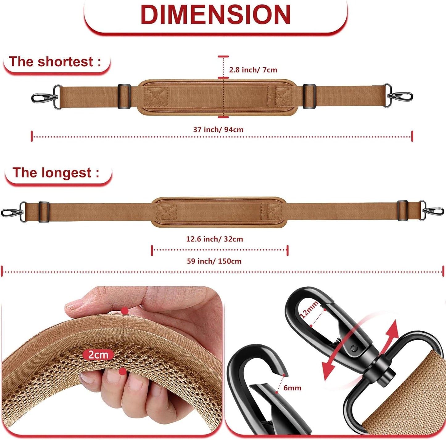 ZINZ Shoulder Strap - 59 Inch Universal Heavy-duty Adjustable Strap with Ultra-thick Fixed Breathable Pad for Laptop, Gym, Camera Bag and More -Khaki