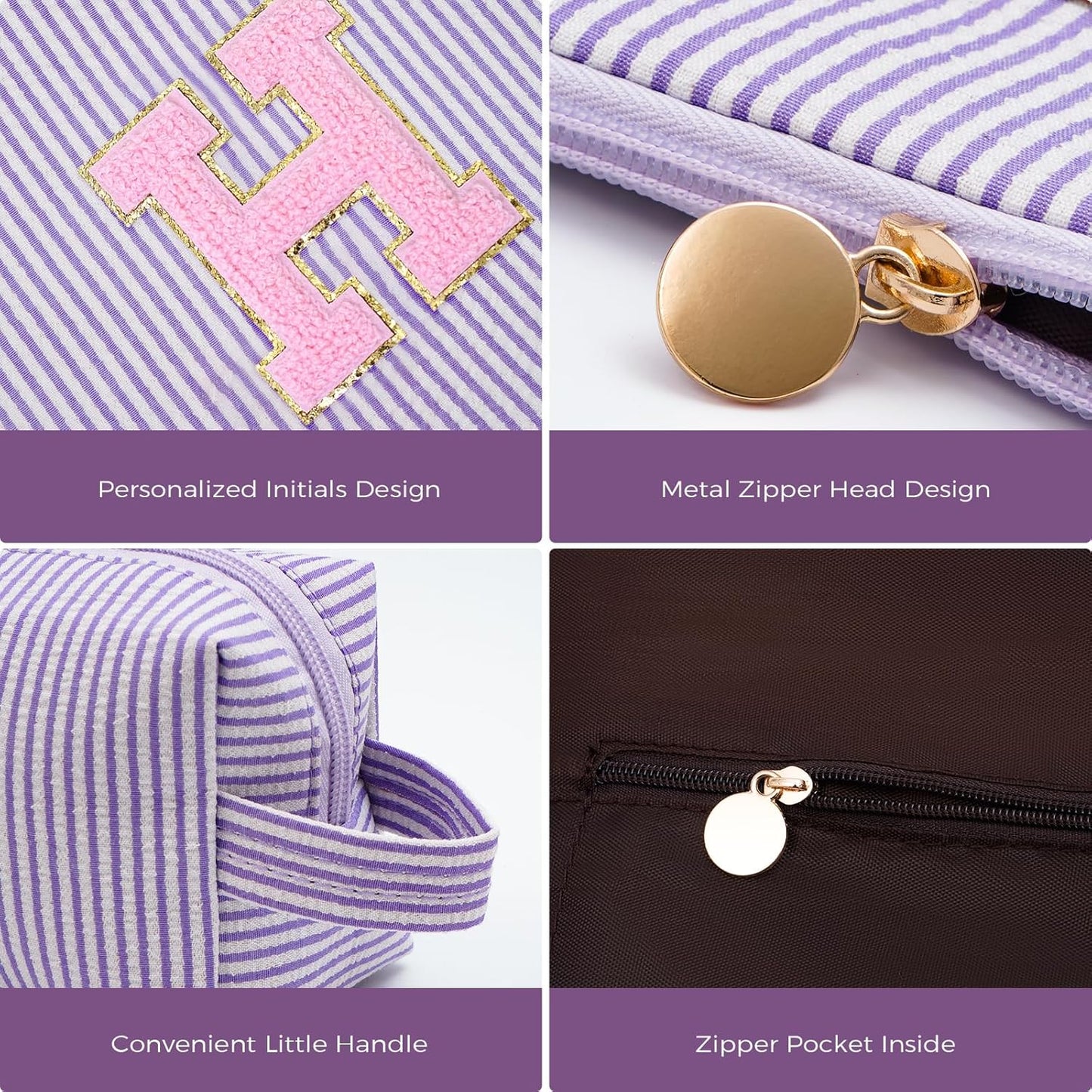 Monogrammed Gifts for Women - Cosmetic Bag for Teen,Initial Cute Makeup Bag Set for Women,Trendy Pouch for Niece Sister Friend Female Her,Birthday Gifts for Daughter - Lavender,H