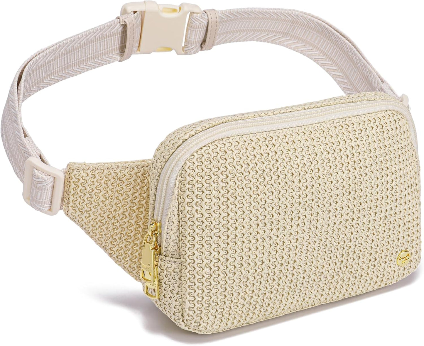RFID Blocking Straw Summer Purses for Women 2025 Fanny Pack Crossbody Bags Belt Bag with Adjustable Strap(Boho White)