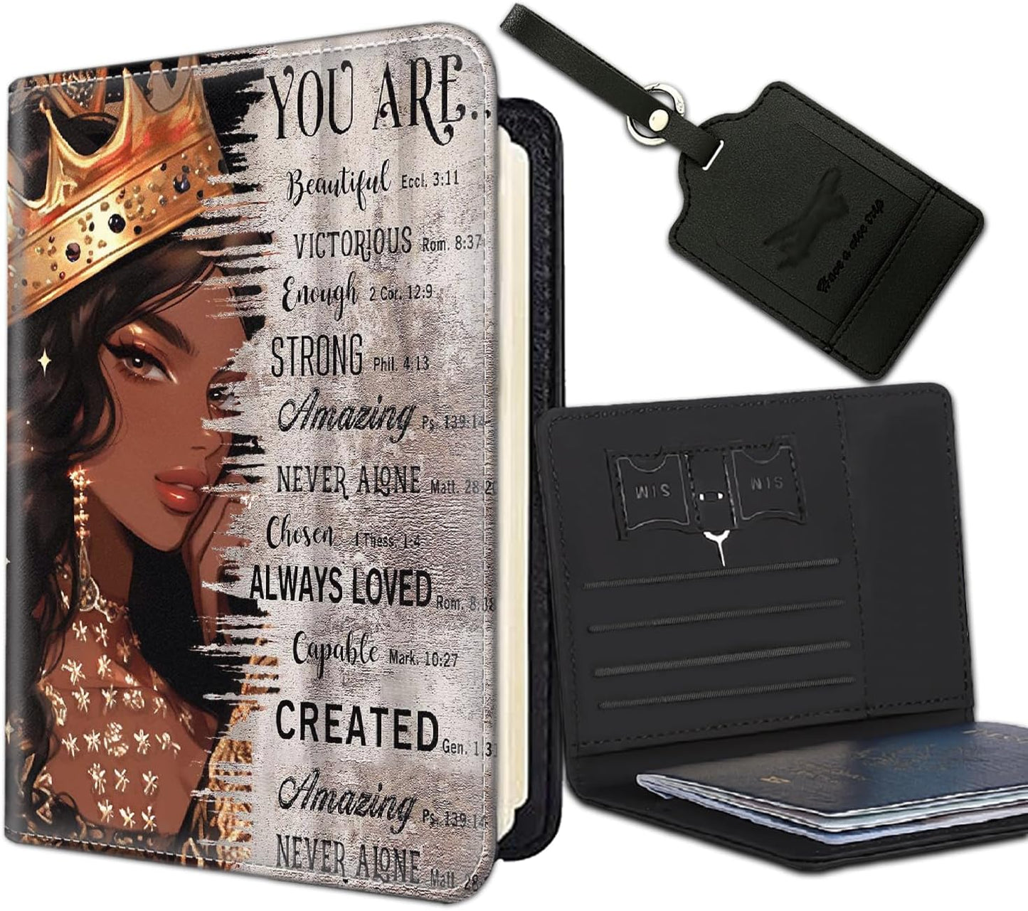 Passport Holder Women Wallet with Luggage Tag, Leather Passport Cover with RFID Blocking, Travel Accessories Multi Card Slot Passport Case for Men，African American Black Girl Quotes