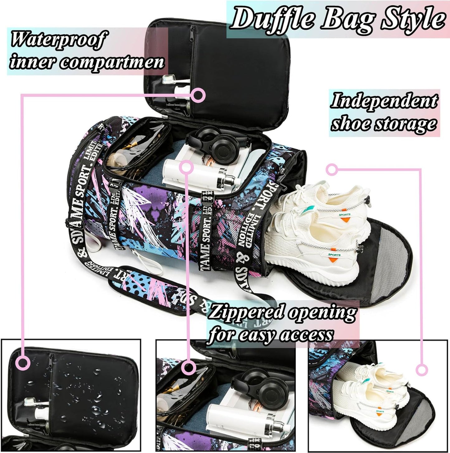 Gym Duffle Bag Backpack with Shoe Compartment,4 ways Travel Backpack for Women and Men,Multi-Functional Weekender bag with Waterproof Layer&Laptop Compartment for Fitness, Travel,Camping