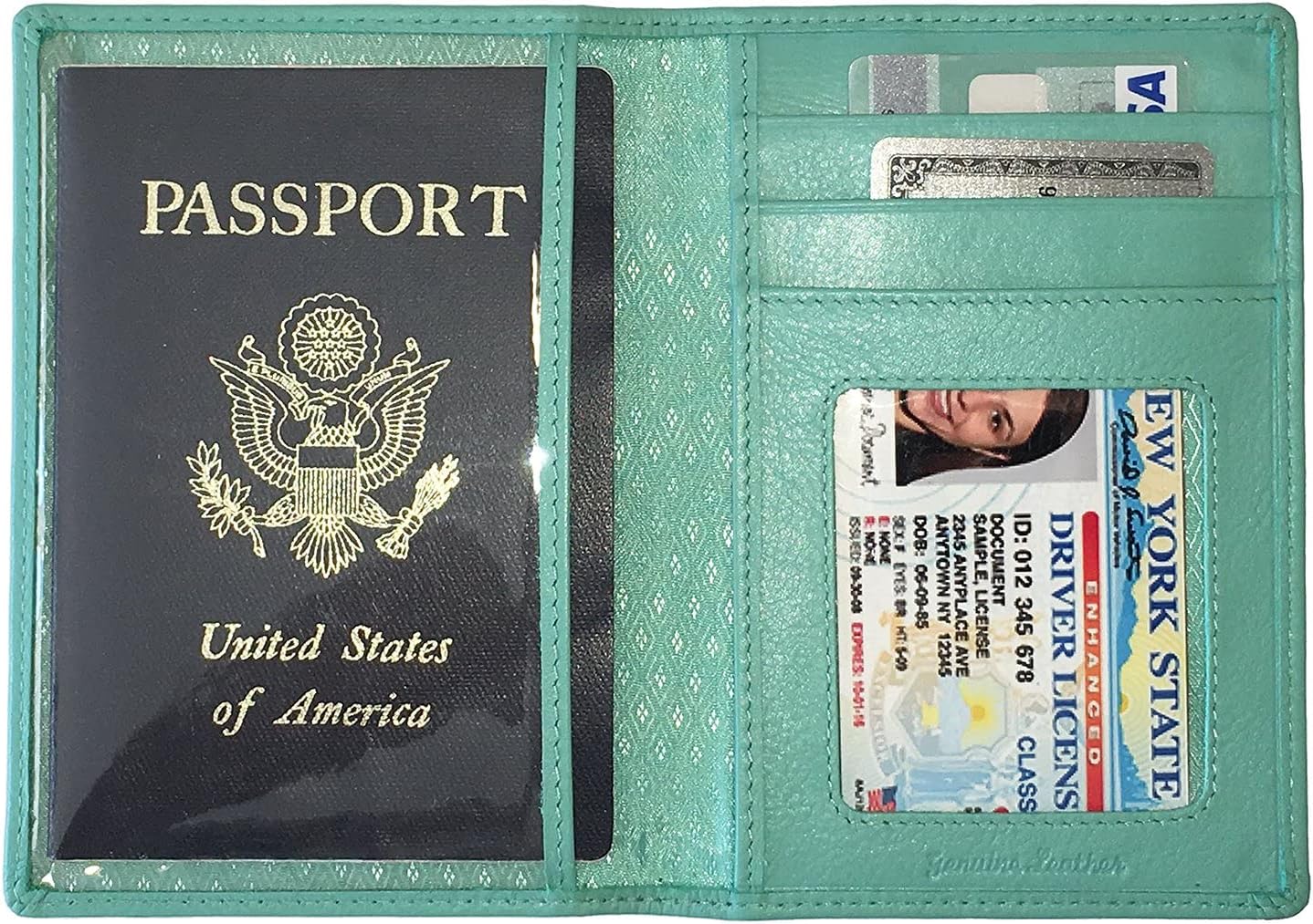 Personalized Monogrammed Turquoise Leather RFID Passport Wallet and 2 Luggage Tags