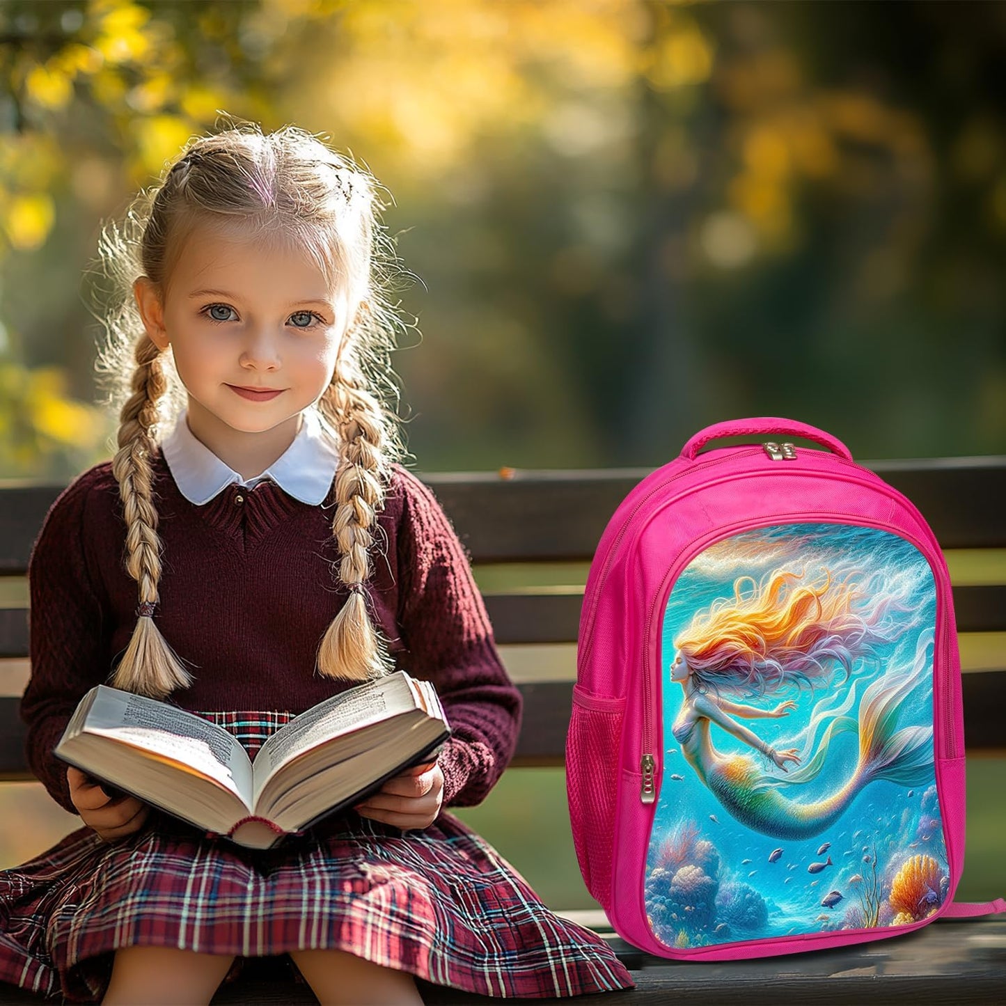 Mermaid Backpack School Bag 3PCS Backpack 16 Inch with Lunch Bag Set Lightweight for Teen Boys Girls Kids Elementary Middle School