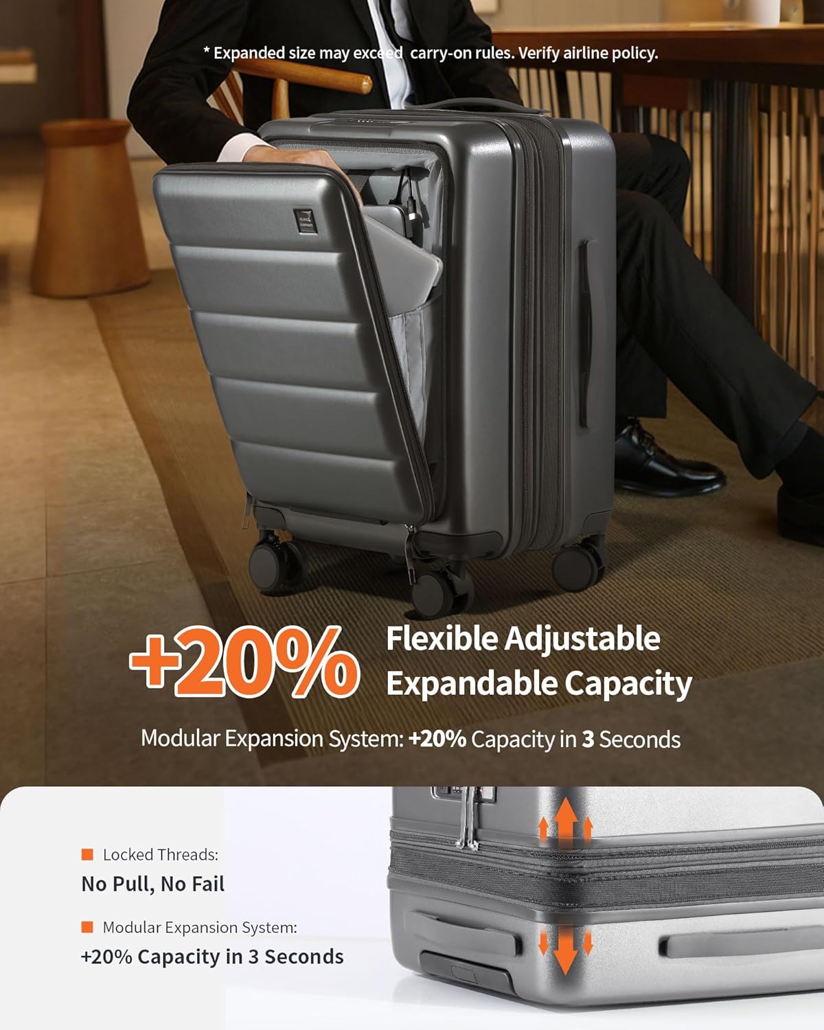 24 Inch Expandable Luggage Check In - Front Pocket Hardside Travel Suitcase Unbreakable -with Cup Holder,USB Charge,Side Pothook, 360°Spinner Wheels, TSA Lock, Grey