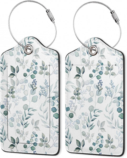 2Pcs Luggage Tag for Suitcase Sage Grey and Green Leaves Cute Suitcase Tag with Privacy Flap & Name ID Label & Metal Loop,Travel Bag Luggage Tags for Women