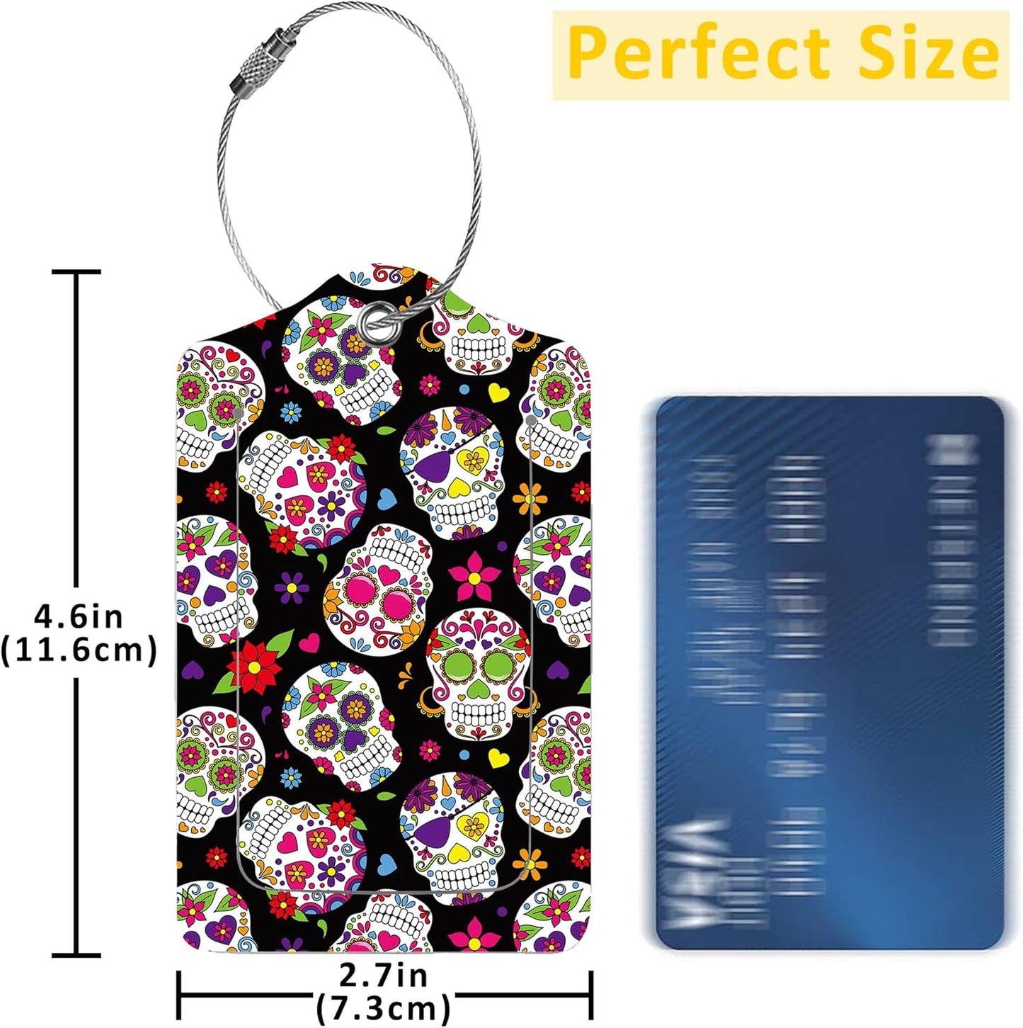 2 Pack Luggage Tags for Suitcases,Sugar Skull Luggage Tag,PU Leather Id Label Luggage Tags with Stainless Steel Loop and Privacy Cover for Women Men Teens Travel