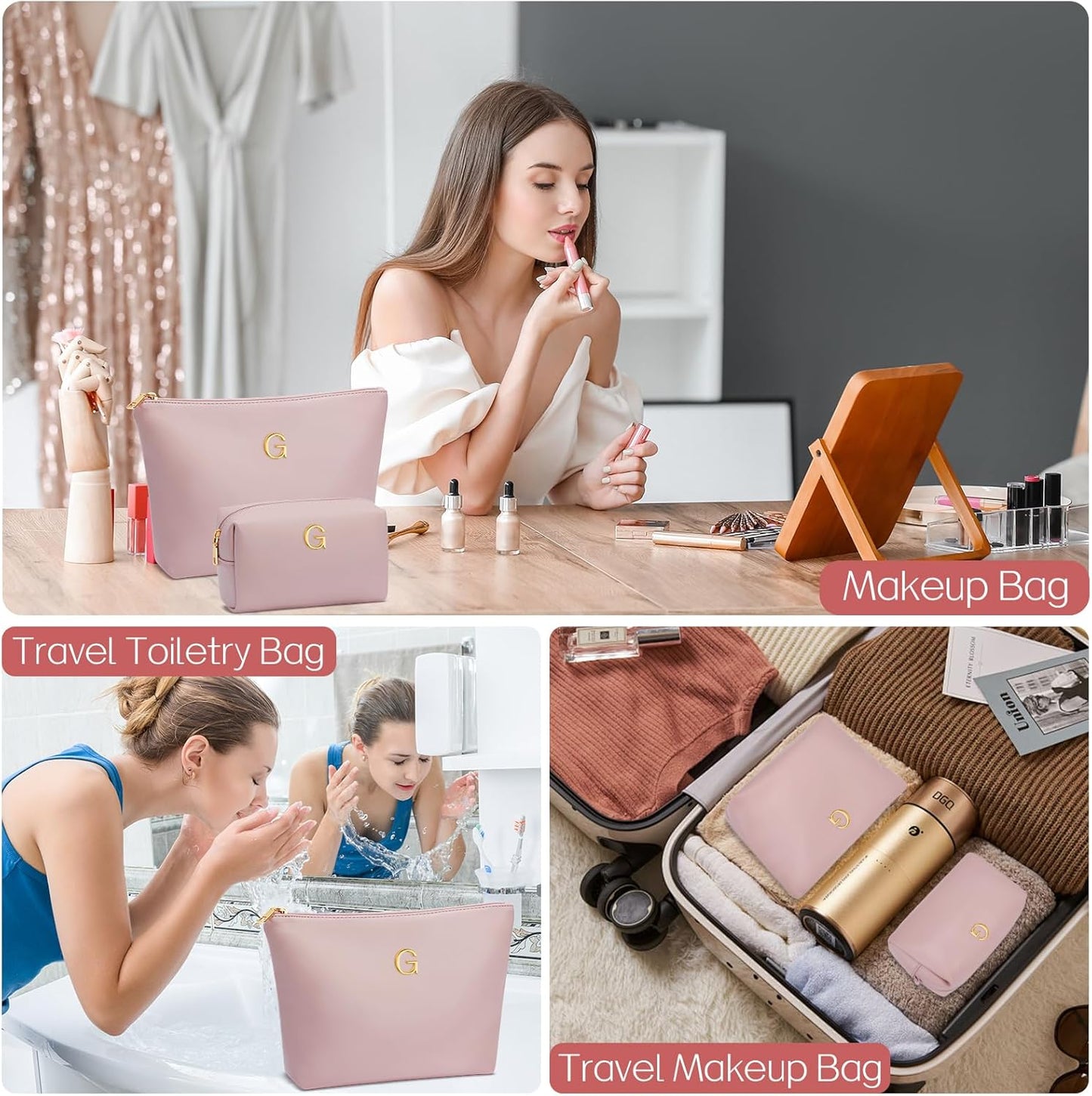 Women Gifts | Initial Makeup Bag Set for Girl Personalized Gifts for Bridesmaid Friend Graduation Teachers PU Leather Cosmetic Travel Toiletry Bag(Pink,G)