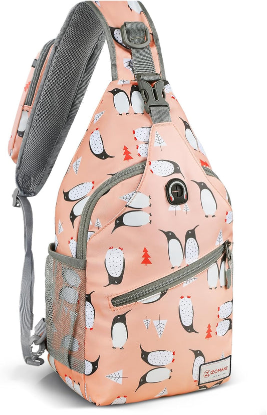ZOMAKE Sling Bag, Penguin Pink, Nylon, 5 Separate Compartments, 10" iPad Compartment, Anti-Theft, Adjustable Reversible Shoulder Strap, Water Resistant