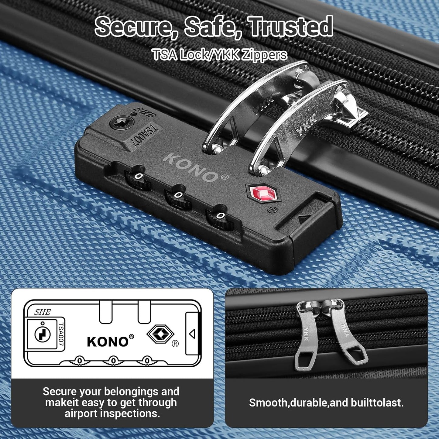Kono Luggage 3 Piece Set Suitcase Spinner Hardshell Lightweight TSA Lock For Men Women(navy, 3 piece set(20in24in28in))