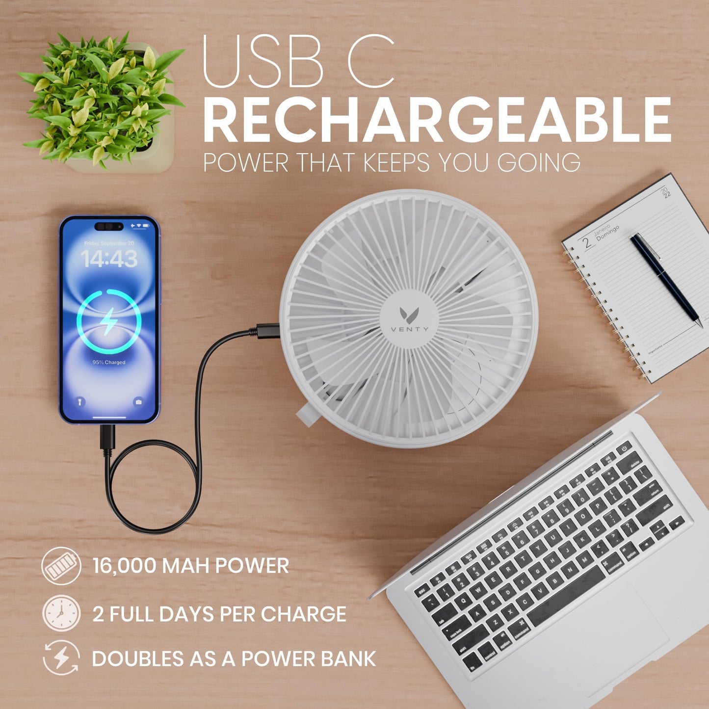 VENTY Portable Fan - Wireless Battery Operated Fan - 4 Speeds - LED Lighting - Carry Case & Remote