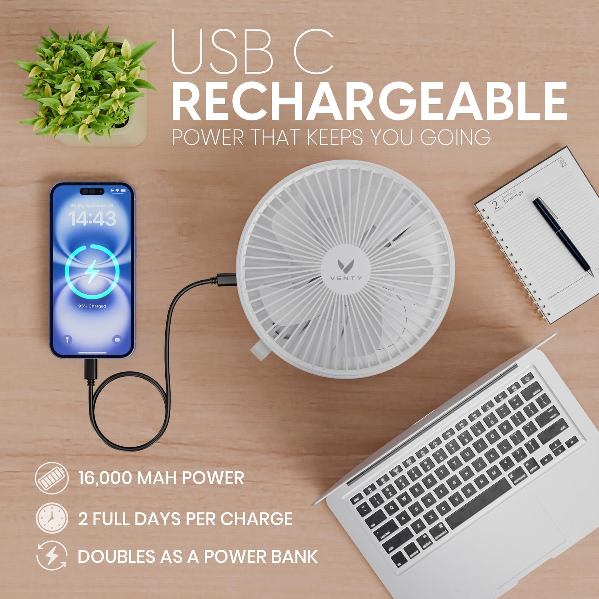 VENTY Portable Fan - Wireless Battery Operated Fan - 4 Speeds - LED Lighting - Carry Case & Remote