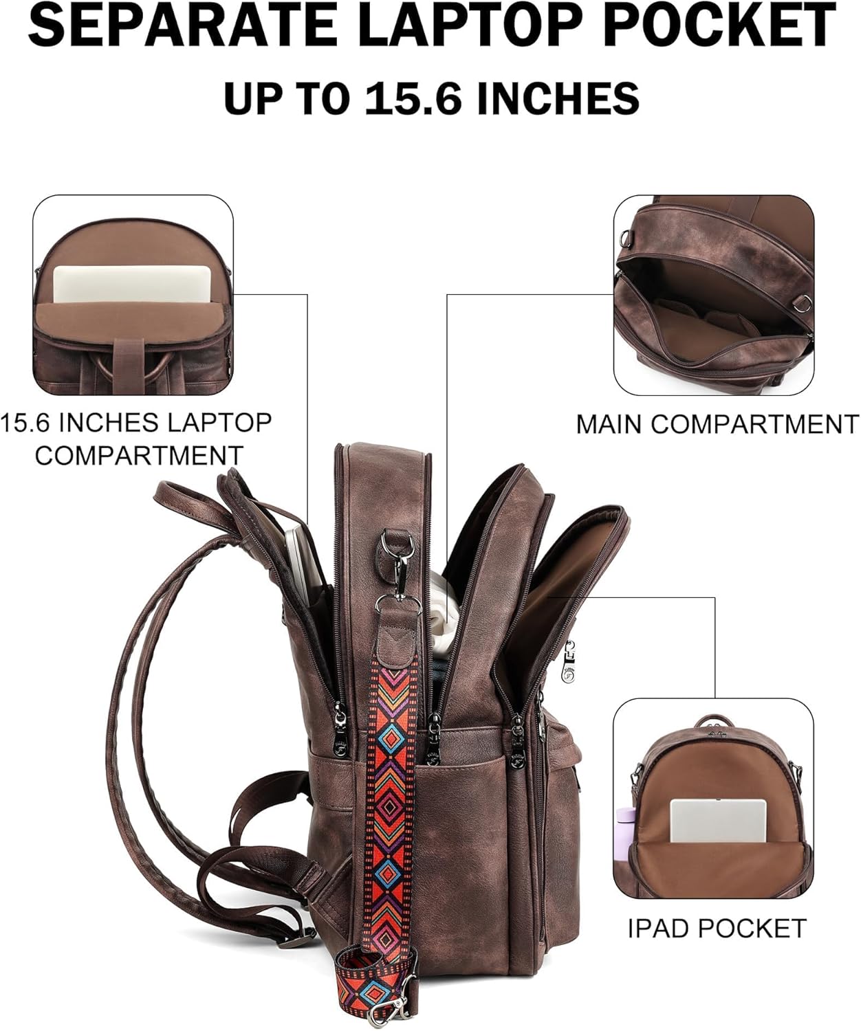FADEON 15.6 inch Laptop Backpack Purse for Women Designer PU Leather Computer Backpacks Fashion for
